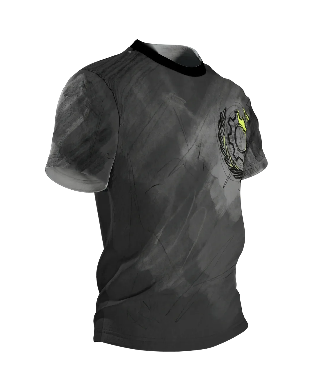 Industrial Blueprint T-Shirt: Zahnrad-Emblem in Kreide und Neon, Seitenansicht links