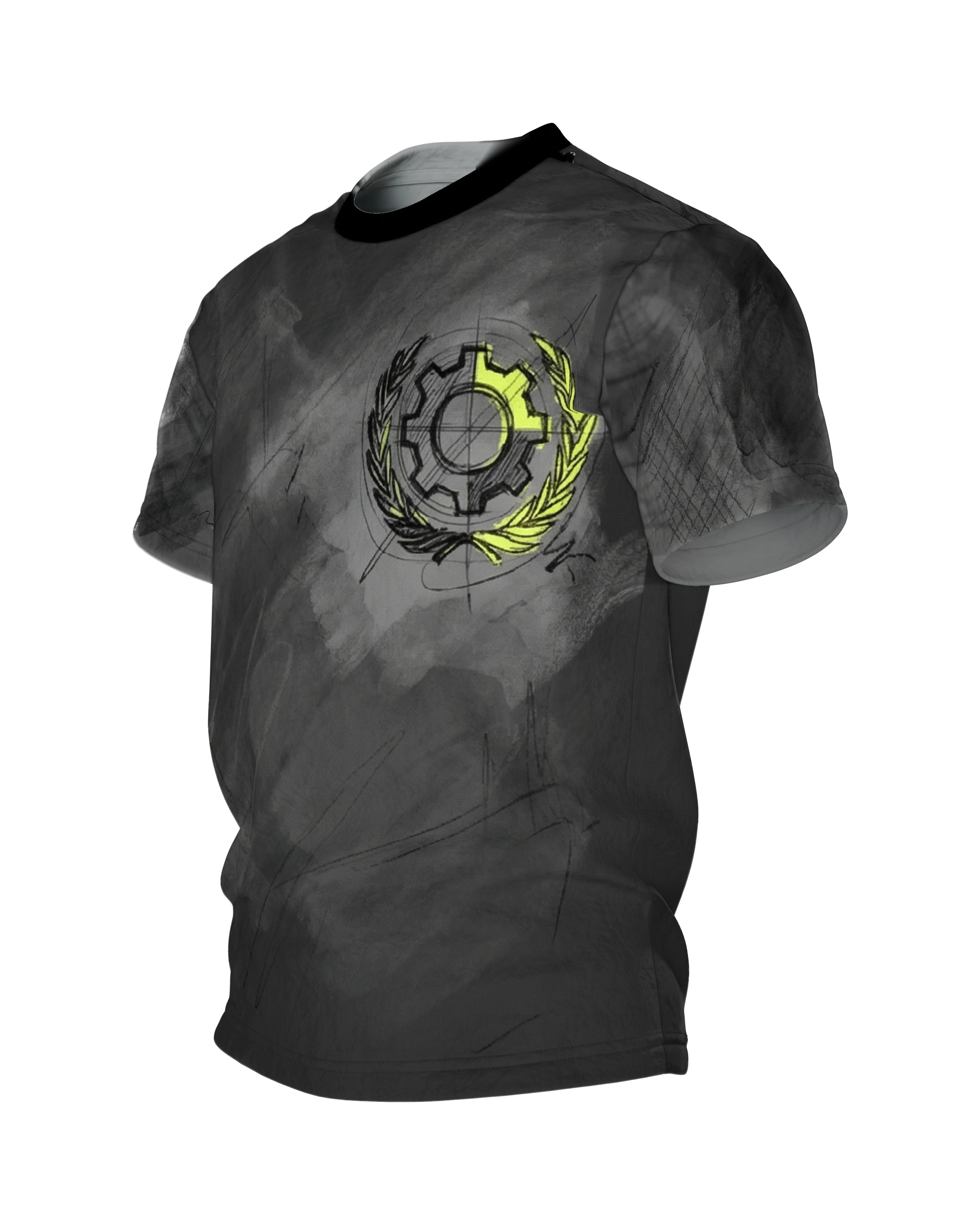 Industrial Blueprint T-Shirt: Zahnrad-Emblem in Kreide und Neon, Seitenansicht rechts