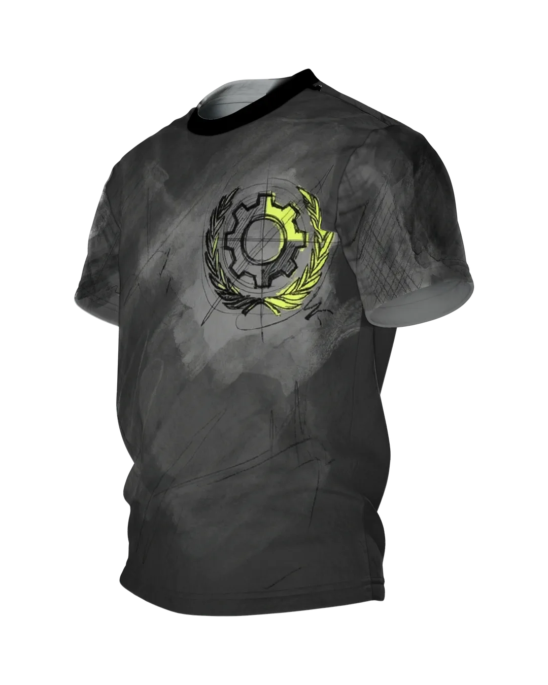 Industrial Blueprint T-Shirt: Zahnrad-Emblem in Kreide und Neon, Seitenansicht rechts