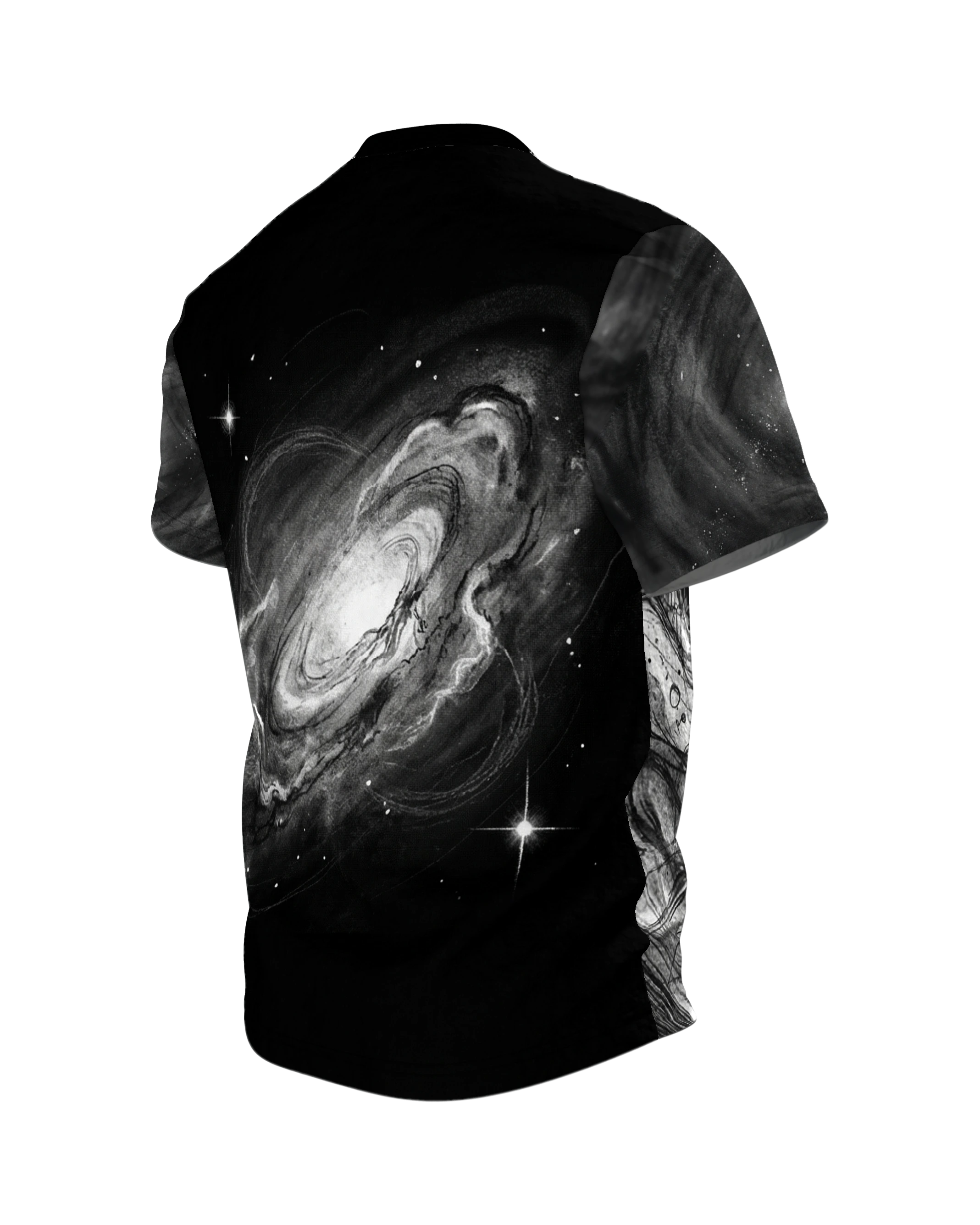Galaxie-Spirale T-Shirt: Sternwirbel in Schwarzweiß, Rückseite schräg links
