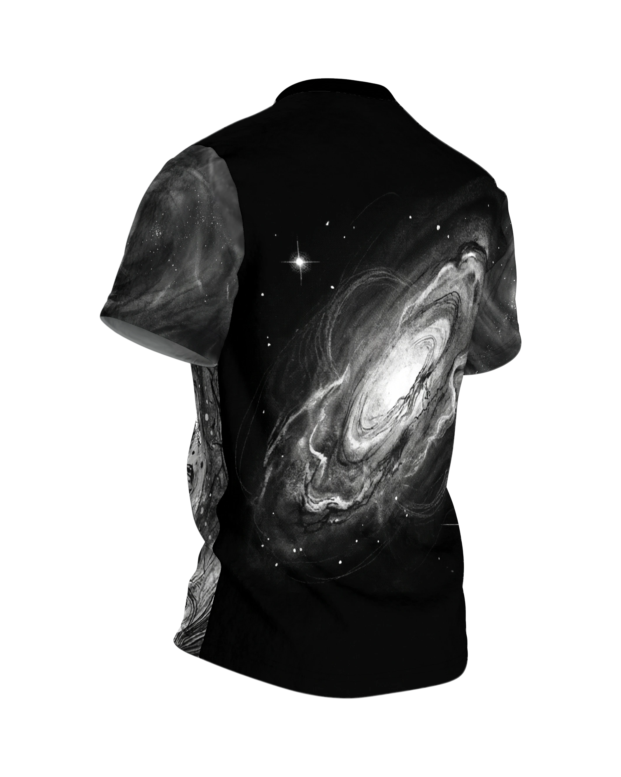 Galaxie-Spirale T-Shirt: Sternwirbel in Schwarzweiß, Rückseite schräg rechts