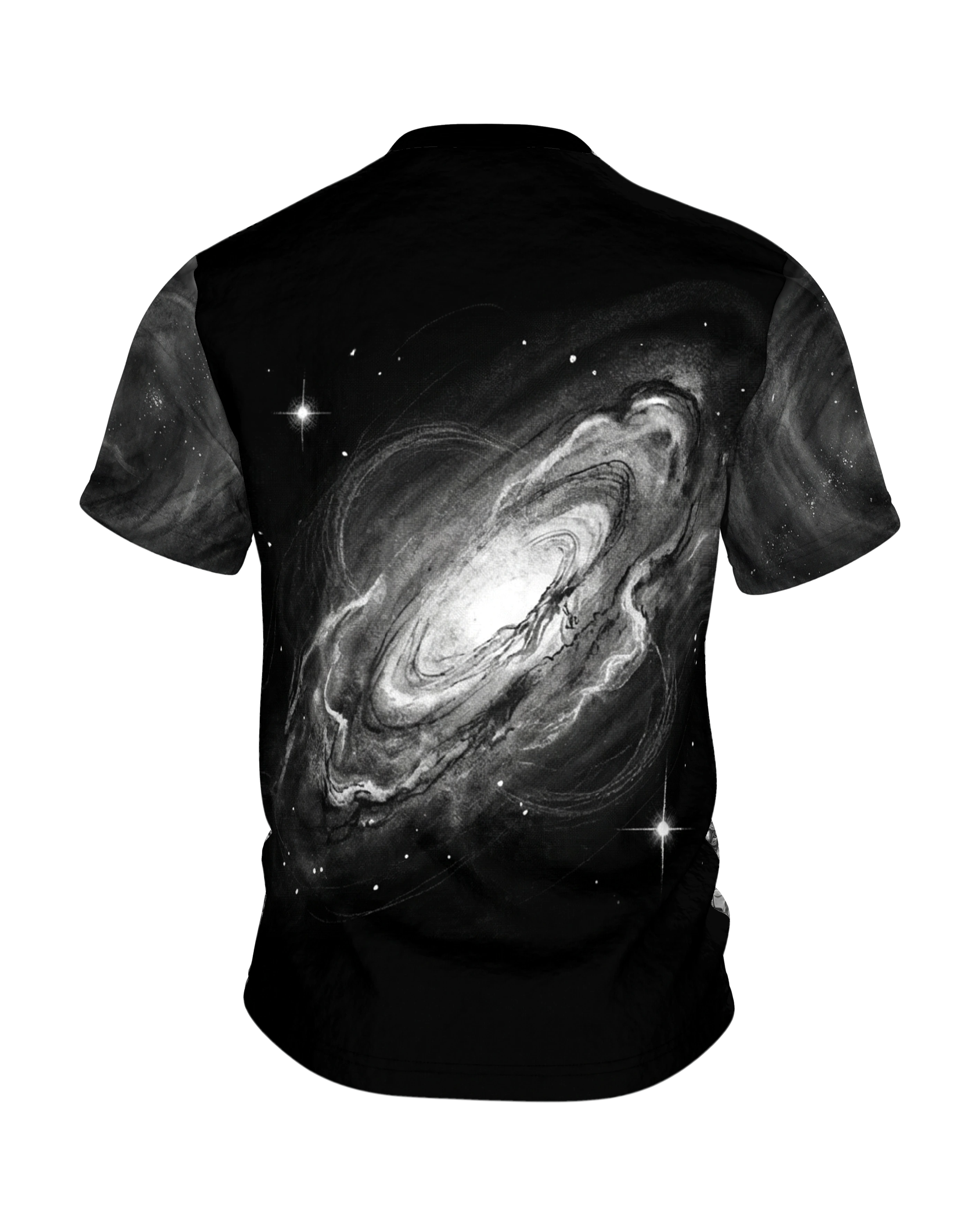 Galaxie-Spirale T-Shirt: Sternwirbel in Schwarzweiß, Rückseite