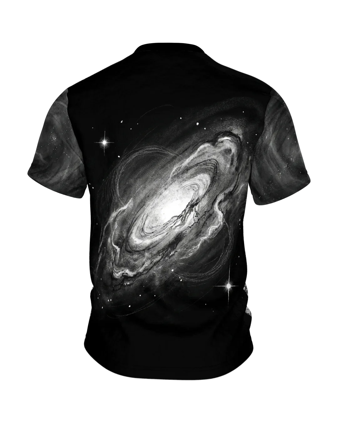 Galaxie-Spirale T-Shirt: Sternwirbel in Schwarzweiß, Rückseite