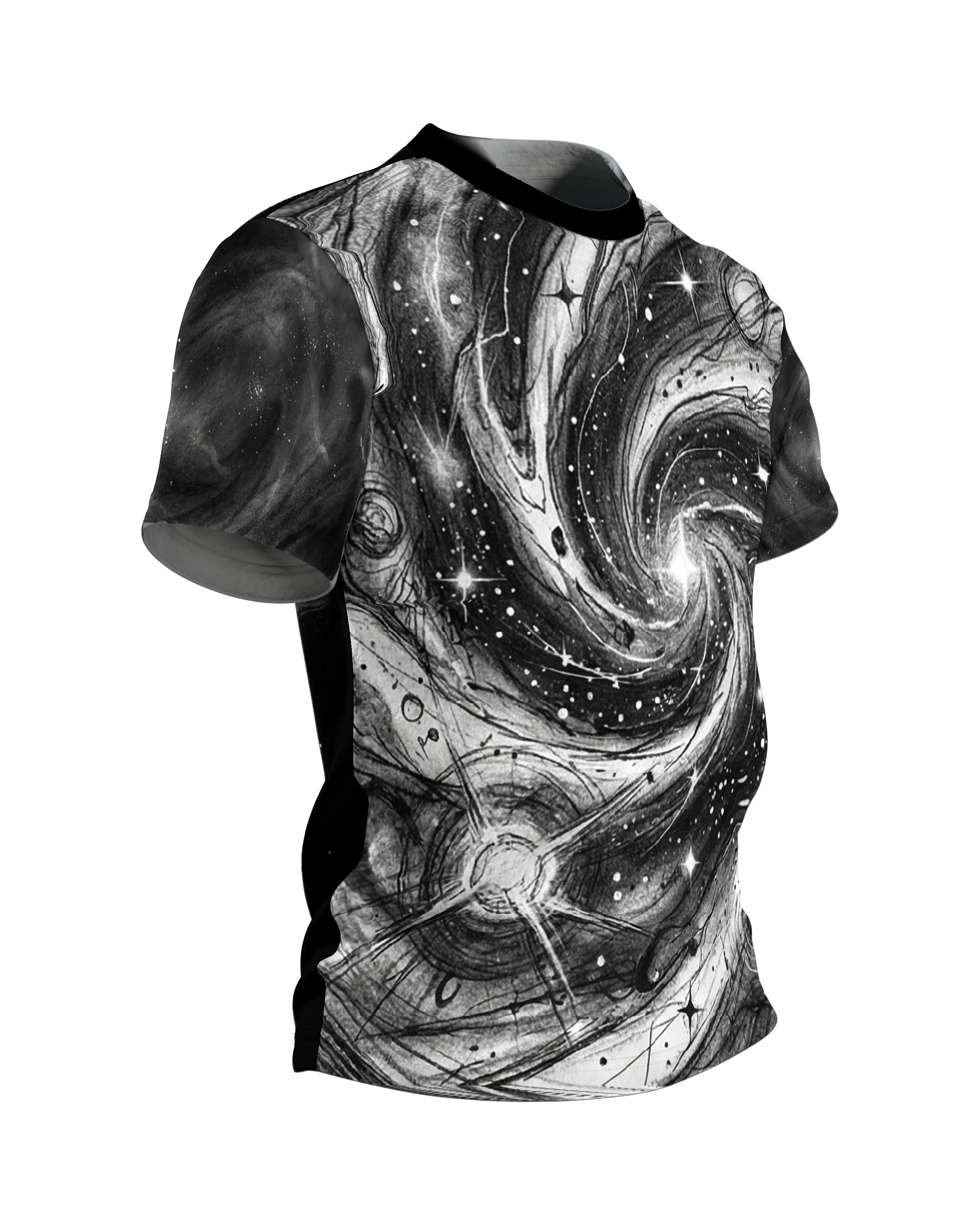 Galaxie-Spirale T-Shirt: Sternwirbel in Schwarzweiß, Seitenansicht links
