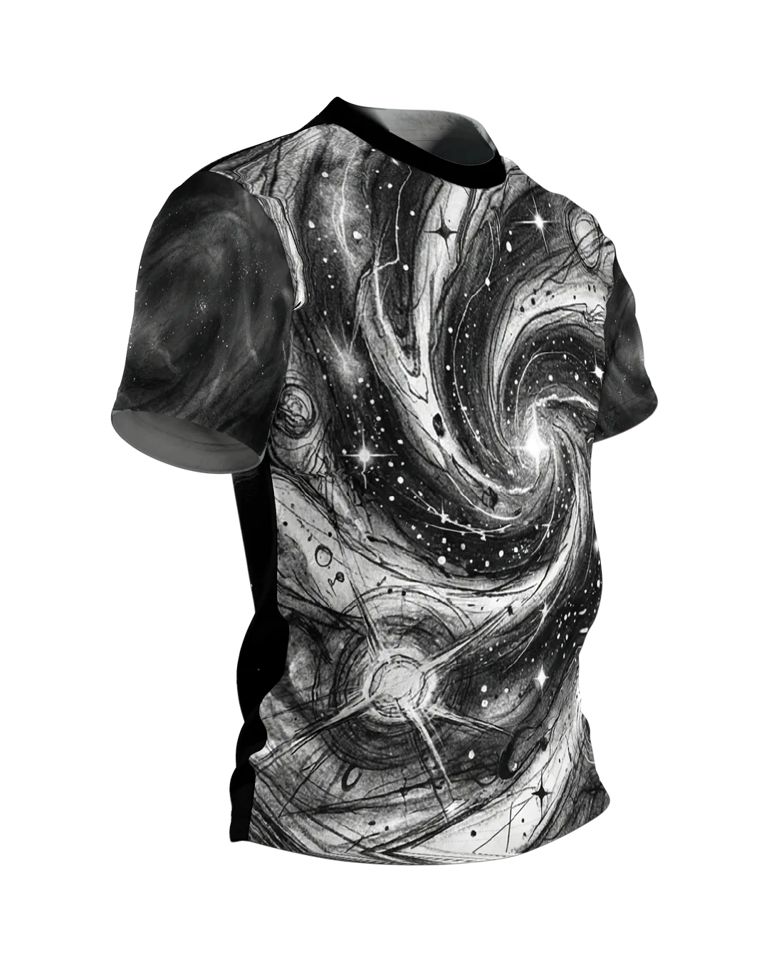 Galaxie-Spirale T-Shirt: Sternwirbel in Schwarzweiß, Seitenansicht links