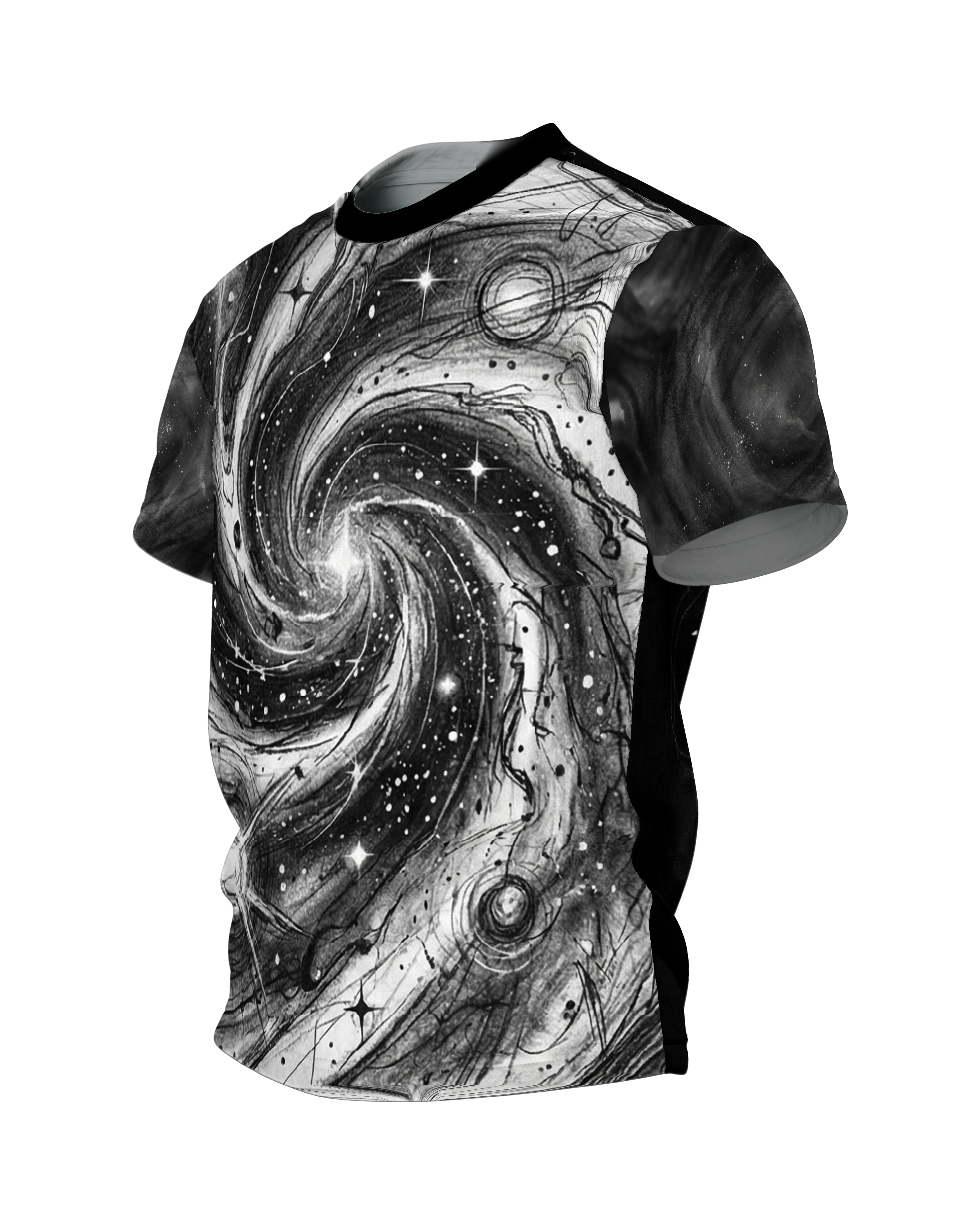 Galaxie-Spirale T-Shirt: Sternwirbel in Schwarzweiß, Seitenansicht rechts