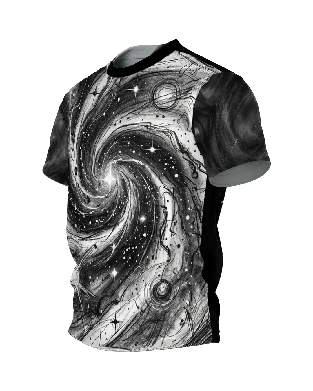 Galaxie-Spirale T-Shirt: Sternwirbel in Schwarzweiß, Seitenansicht rechts