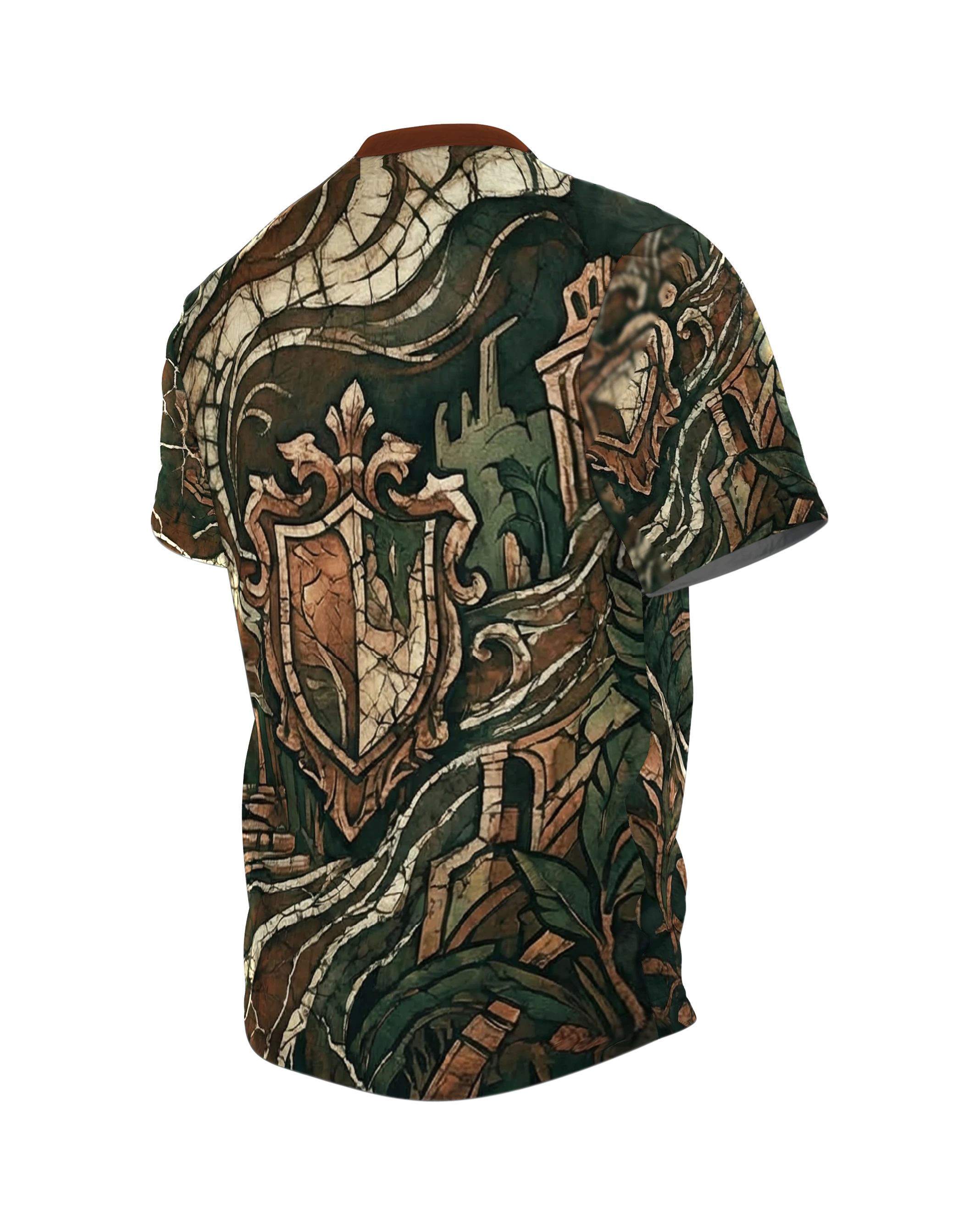 Antiker Wächter T-Shirt, steinernes Gesicht mit Blätterkrone in Ruinen, Wappen-Relief am Rücken, Rückseite schräg links