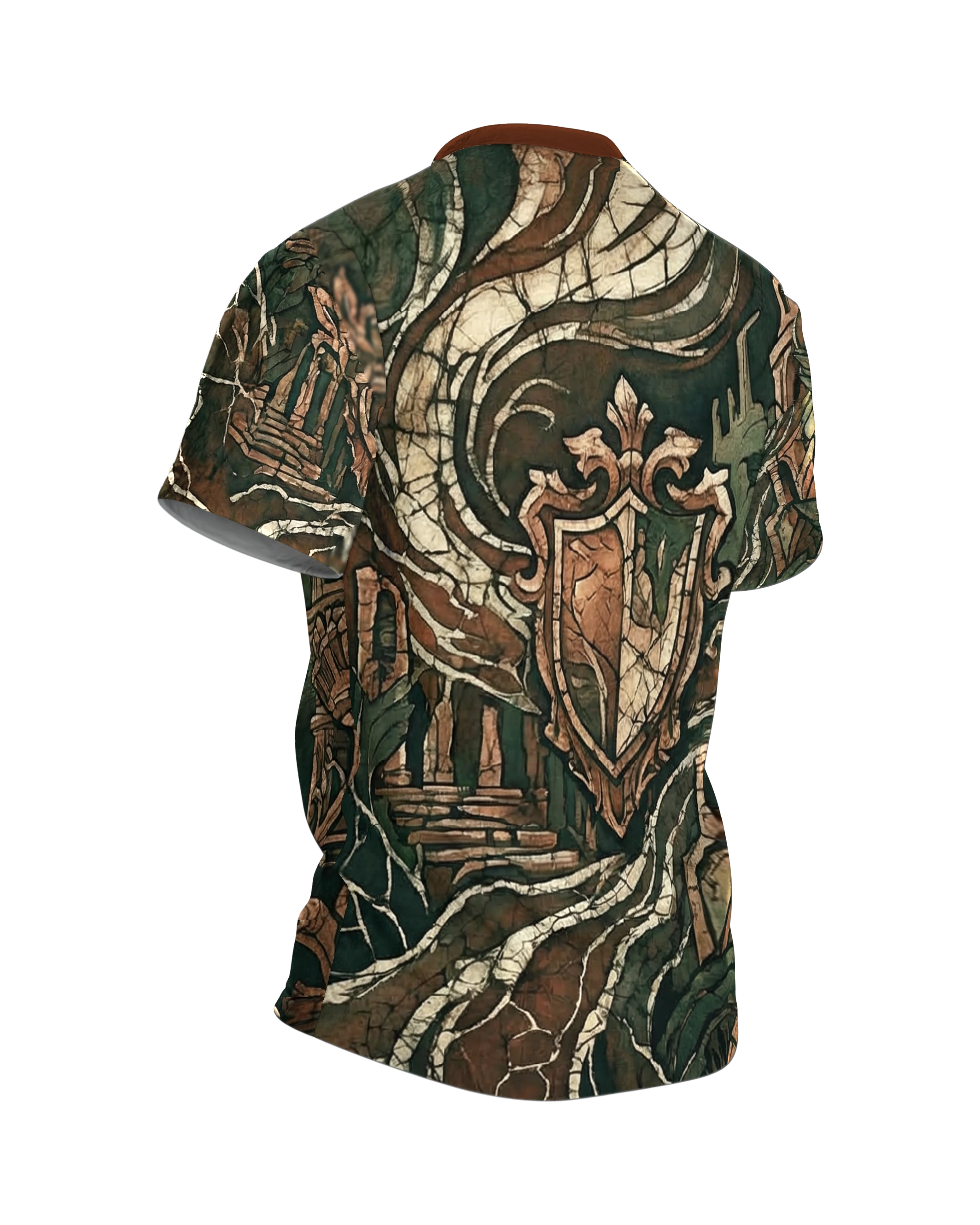 Antiker Wächter T-Shirt, steinernes Gesicht mit Blätterkrone in Ruinen, Wappen-Relief am Rücken, Rückseite schräg rechts