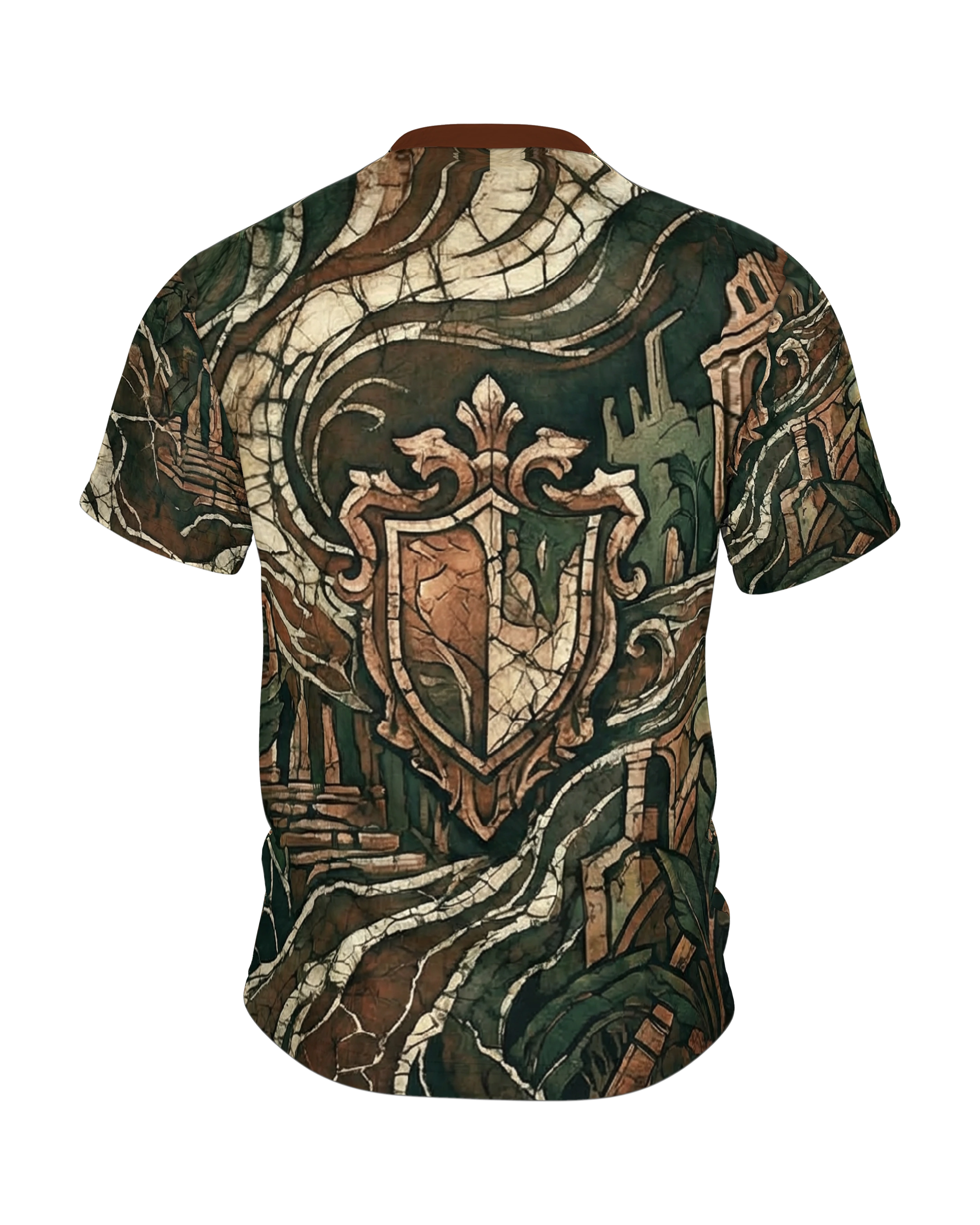 Antiker Wächter T-Shirt, steinernes Gesicht mit Blätterkrone in Ruinen, Wappen-Relief am Rücken, Rückseite