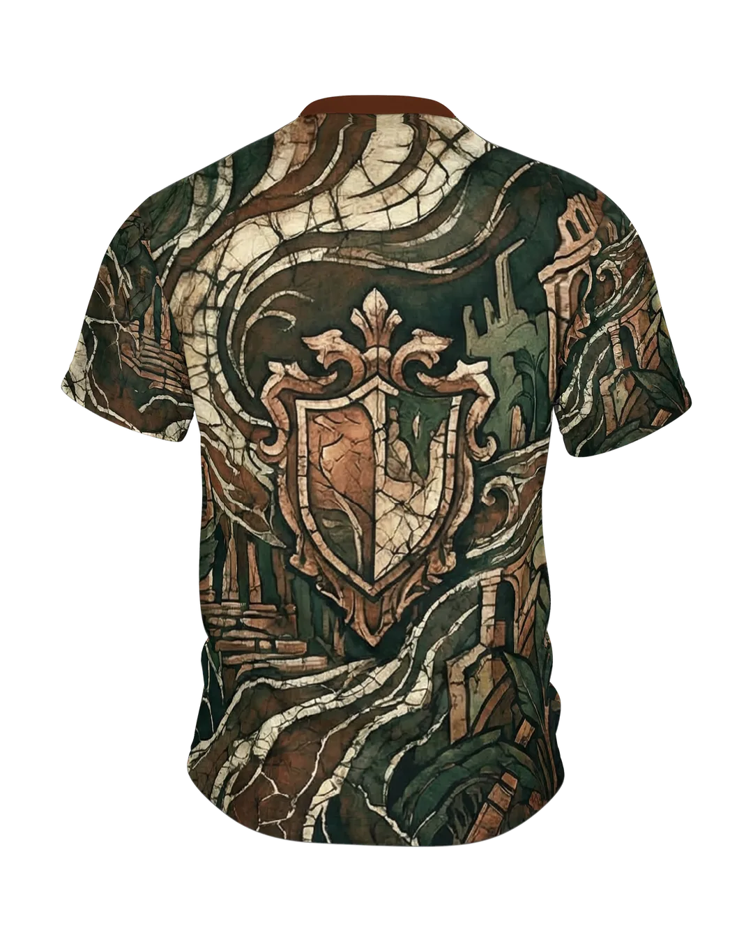 Antiker Wächter T-Shirt, steinernes Gesicht mit Blätterkrone in Ruinen, Wappen-Relief am Rücken, Rückseite