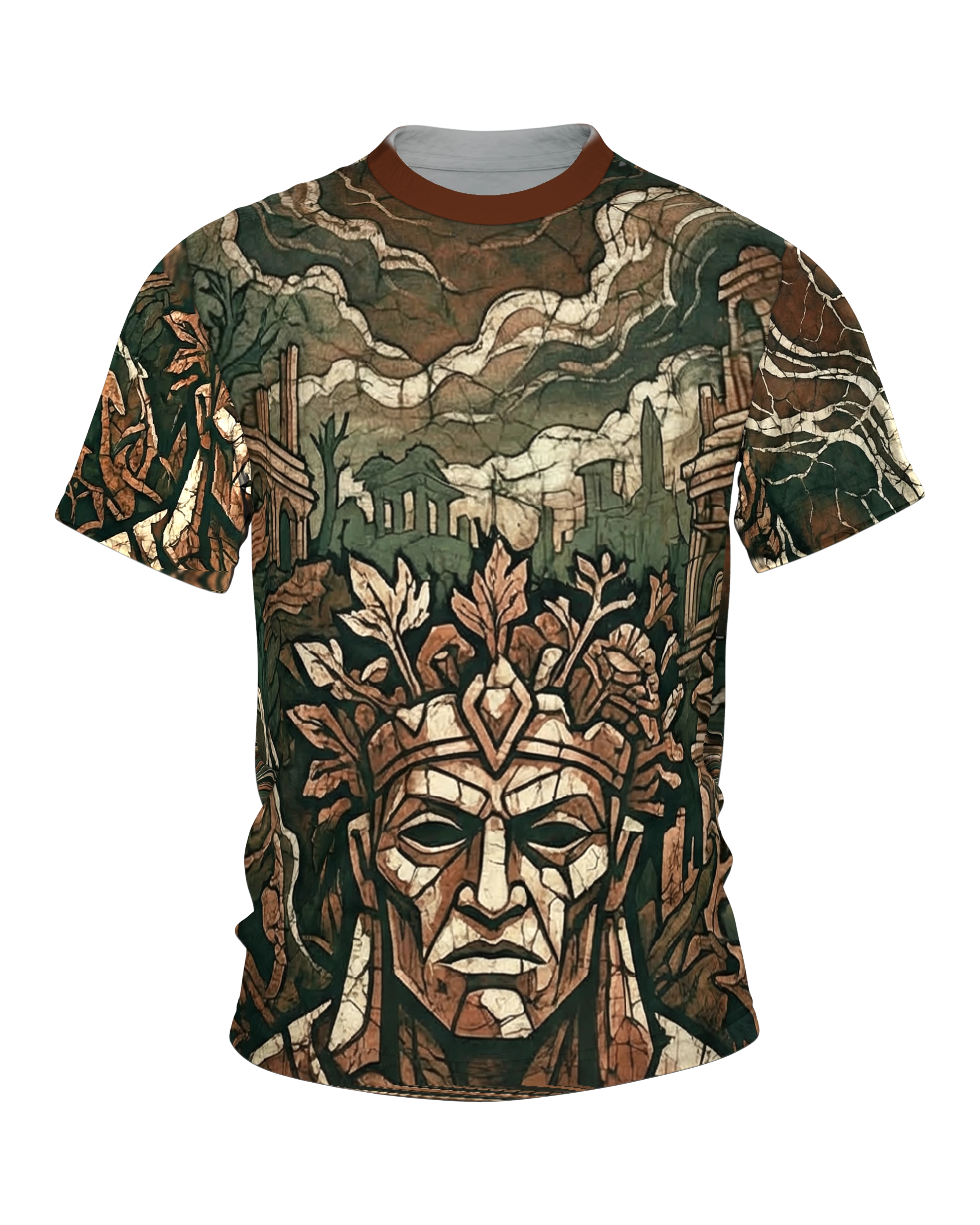 Antiker Wächter T-Shirt, steinernes Gesicht mit Blätterkrone in Ruinen, Wappen-Relief am Rücken