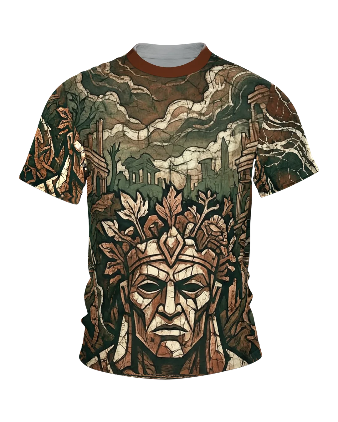 Antiker Wächter T-Shirt, steinernes Gesicht mit Blätterkrone in Ruinen, Wappen-Relief am Rücken