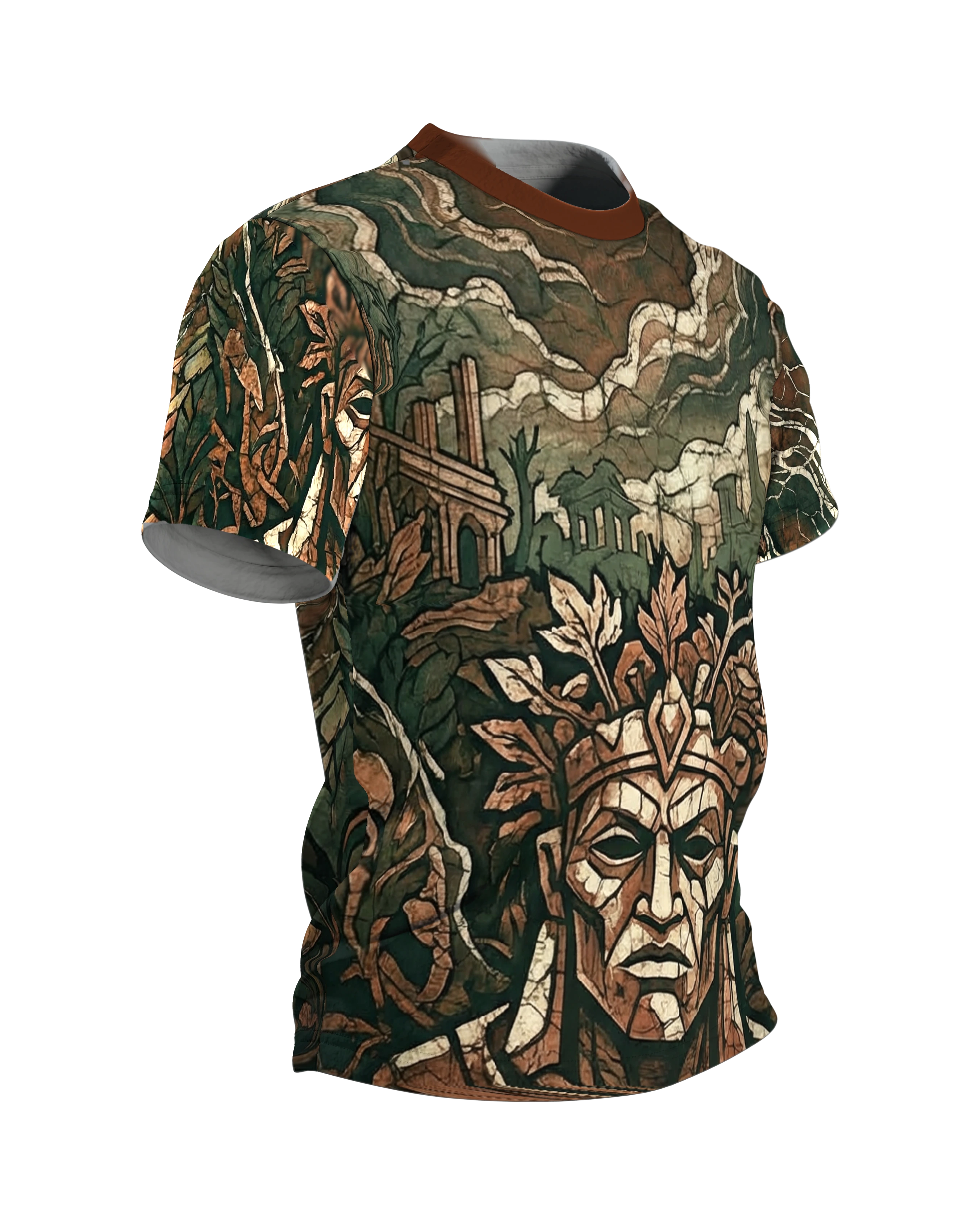 Antiker Wächter T-Shirt, steinernes Gesicht mit Blätterkrone in Ruinen, Wappen-Relief am Rücken, Seitenansicht links