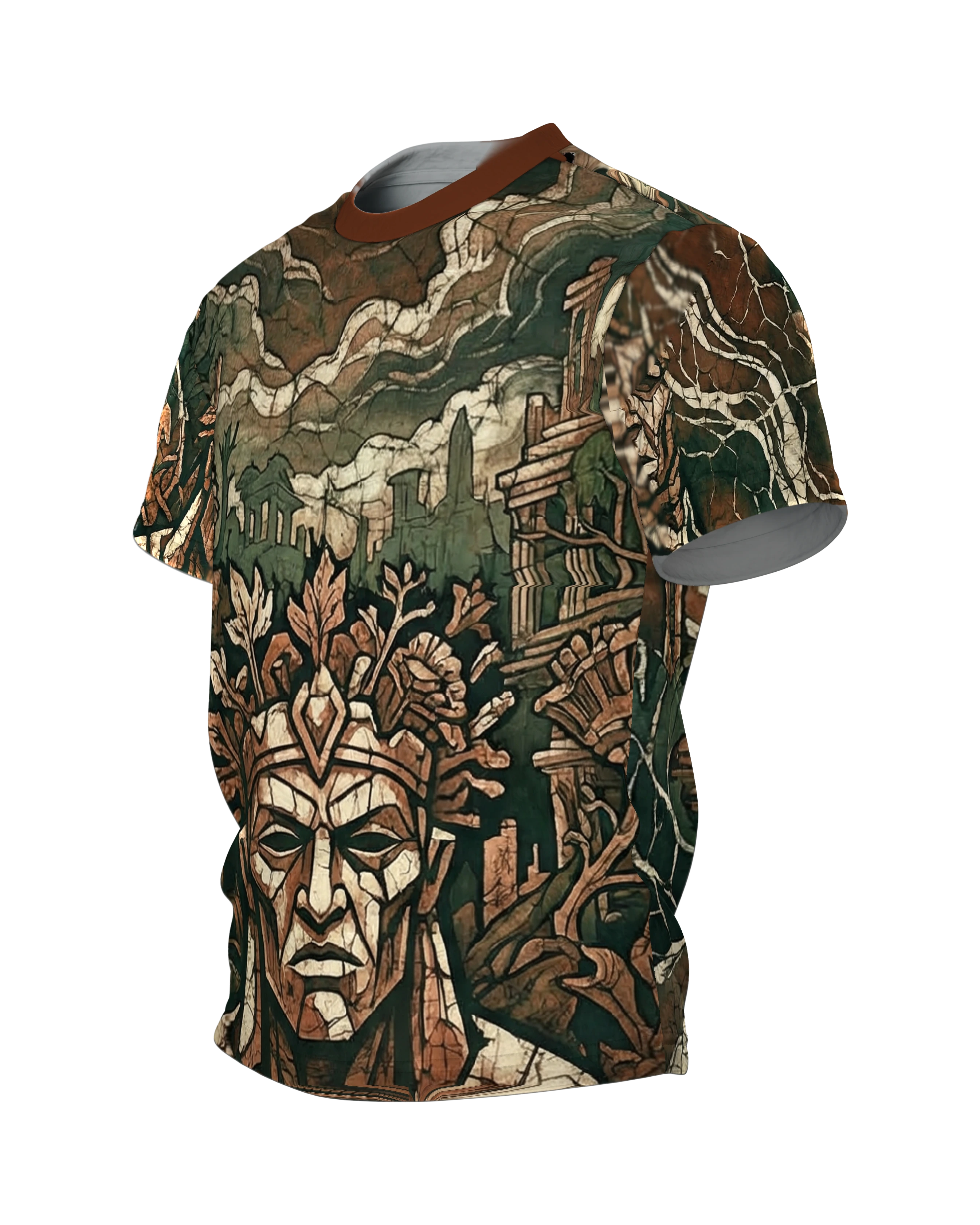 Antiker Wächter T-Shirt, steinernes Gesicht mit Blätterkrone in Ruinen, Wappen-Relief am Rücken, Seitenansicht rechts