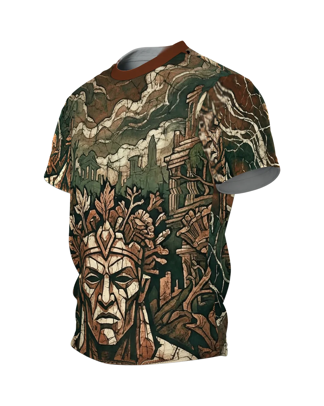 Antiker Wächter T-Shirt, steinernes Gesicht mit Blätterkrone in Ruinen, Wappen-Relief am Rücken, Seitenansicht rechts