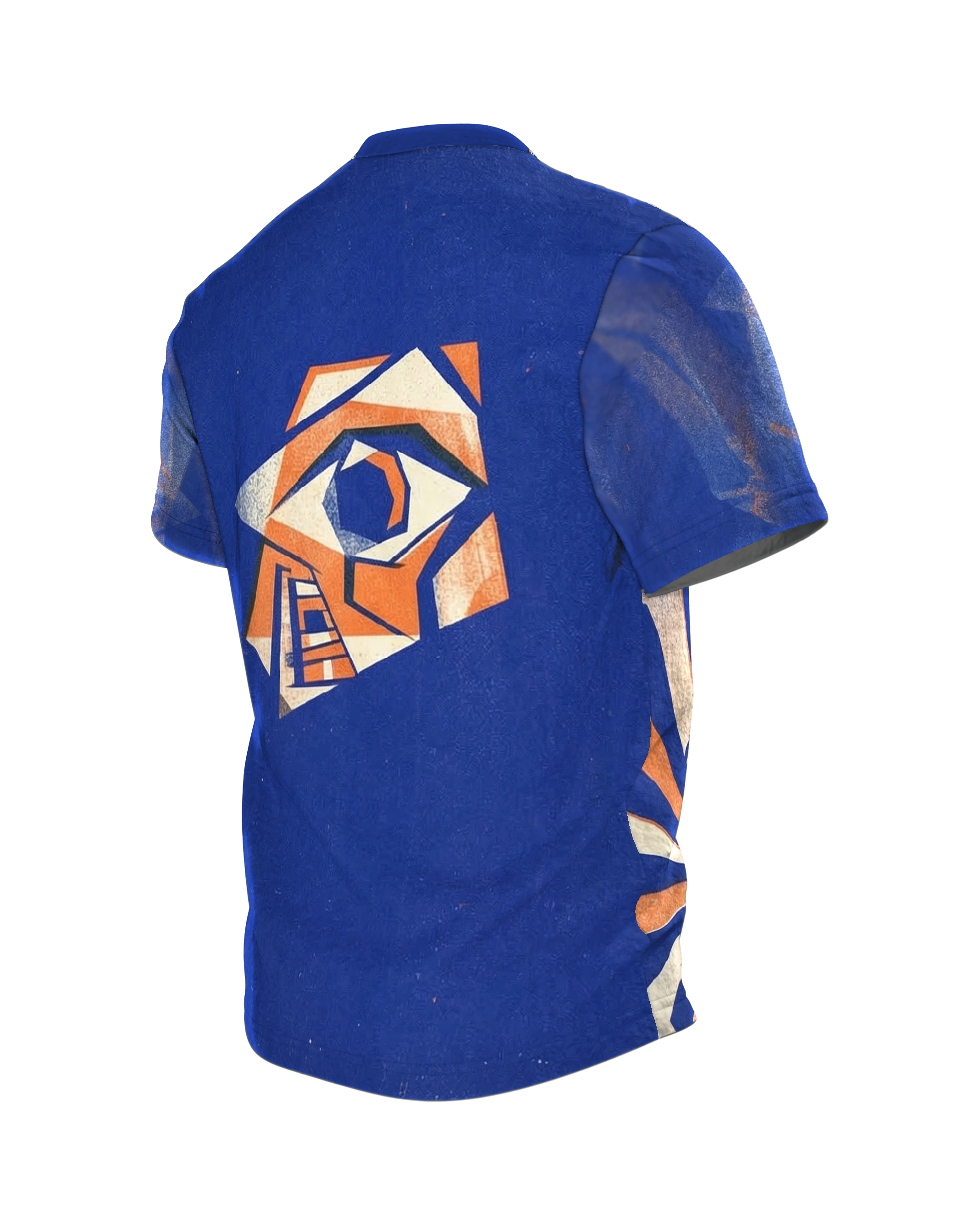Kubismus Golem T-Shirt, schreitender Riese mit Spiralbrust in Königsblau, Orange und Creme, Rückseite schräg links