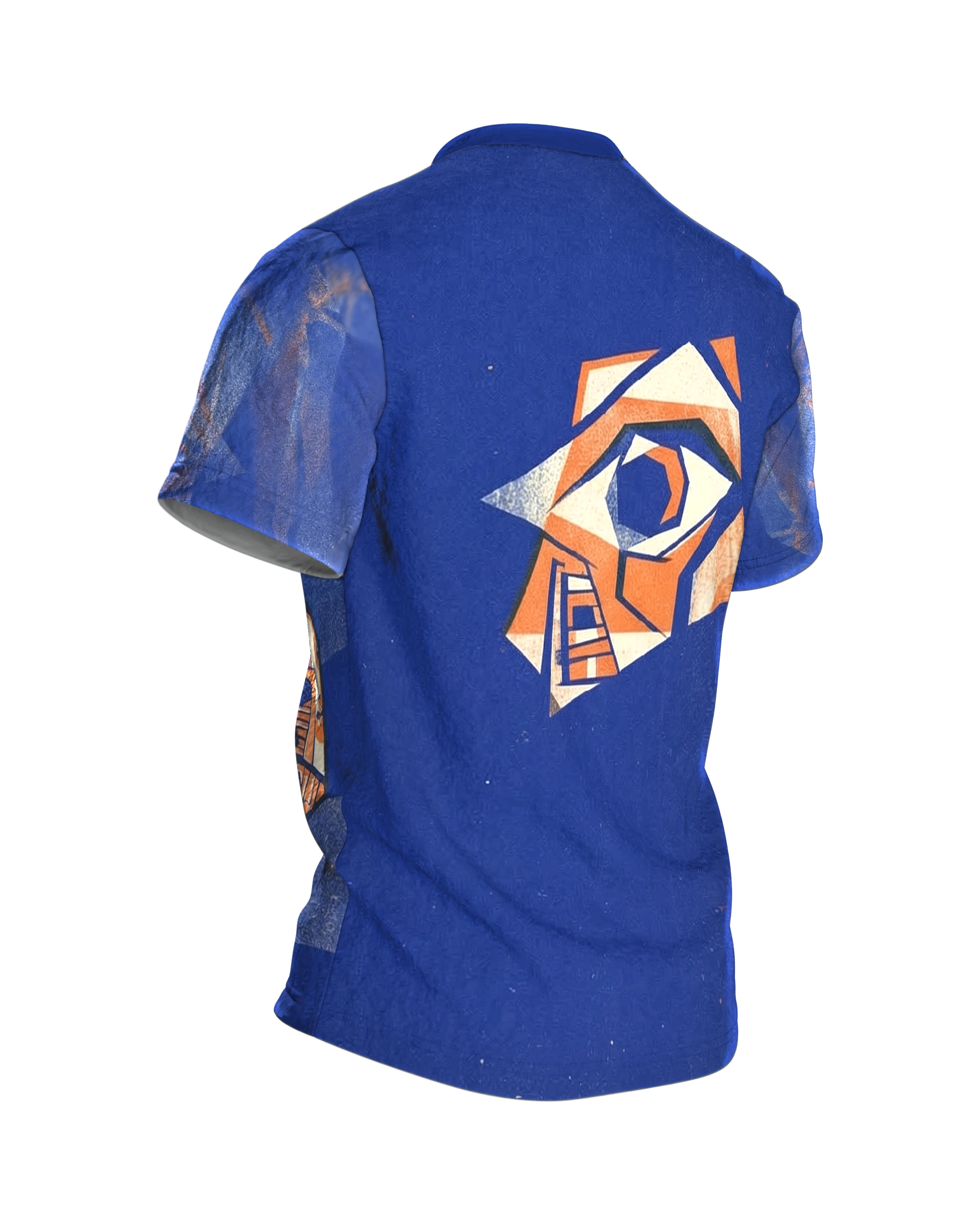 Kubismus Golem T-Shirt, schreitender Riese mit Spiralbrust in Königsblau, Orange und Creme, Rückseite schräg rechts