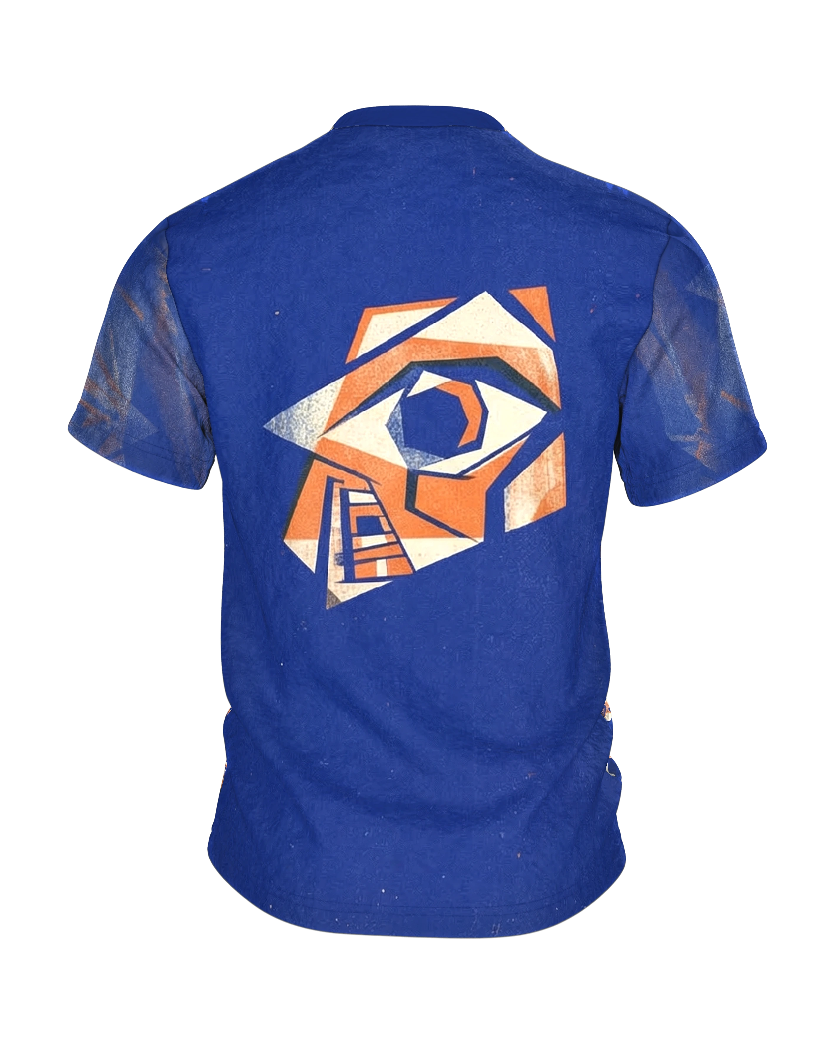 Kubismus Golem T-Shirt, schreitender Riese mit Spiralbrust in Königsblau, Orange und Creme, Rückseite