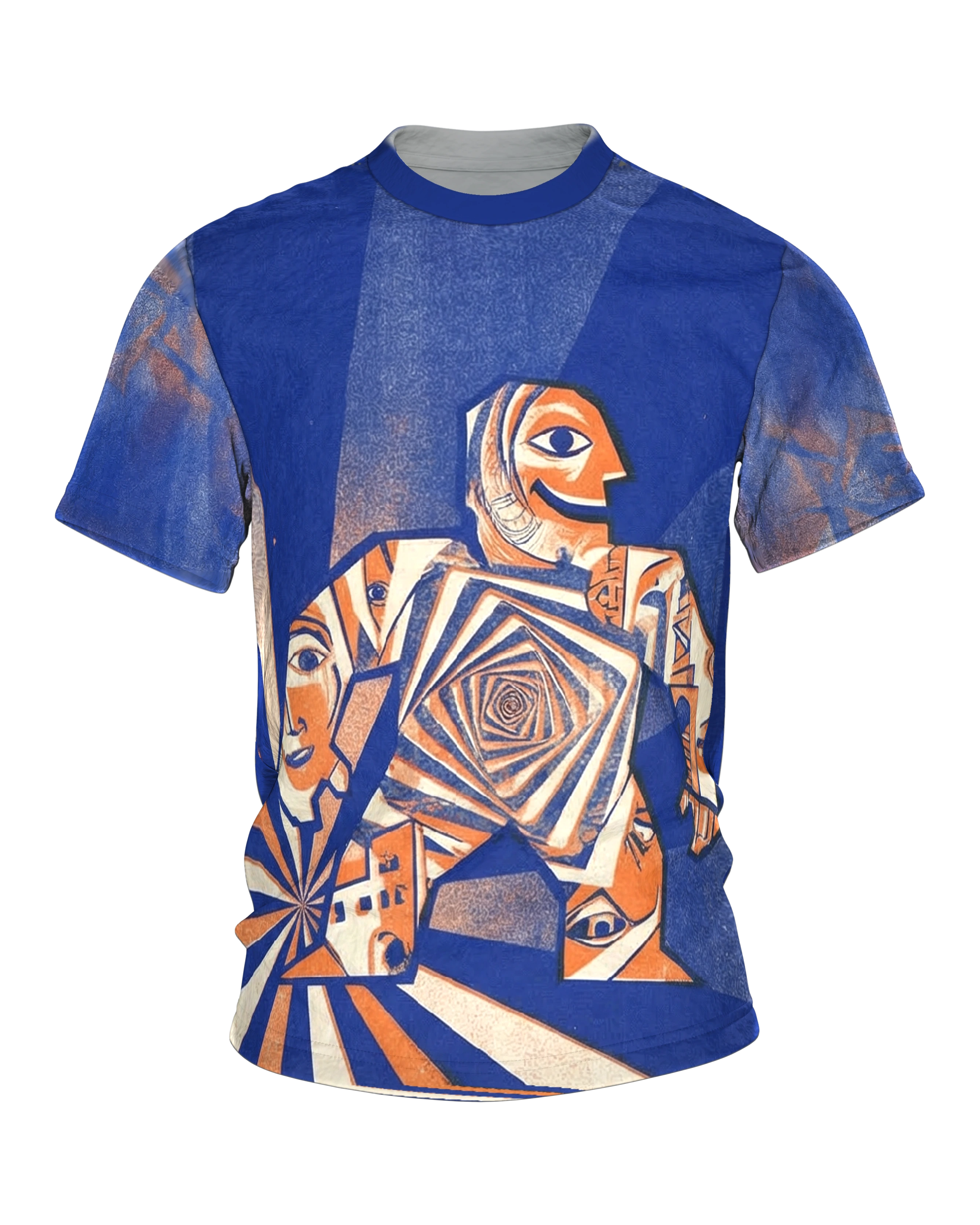 Kubismus Golem T-Shirt, schreitender Riese mit Spiralbrust in Königsblau, Orange und Creme