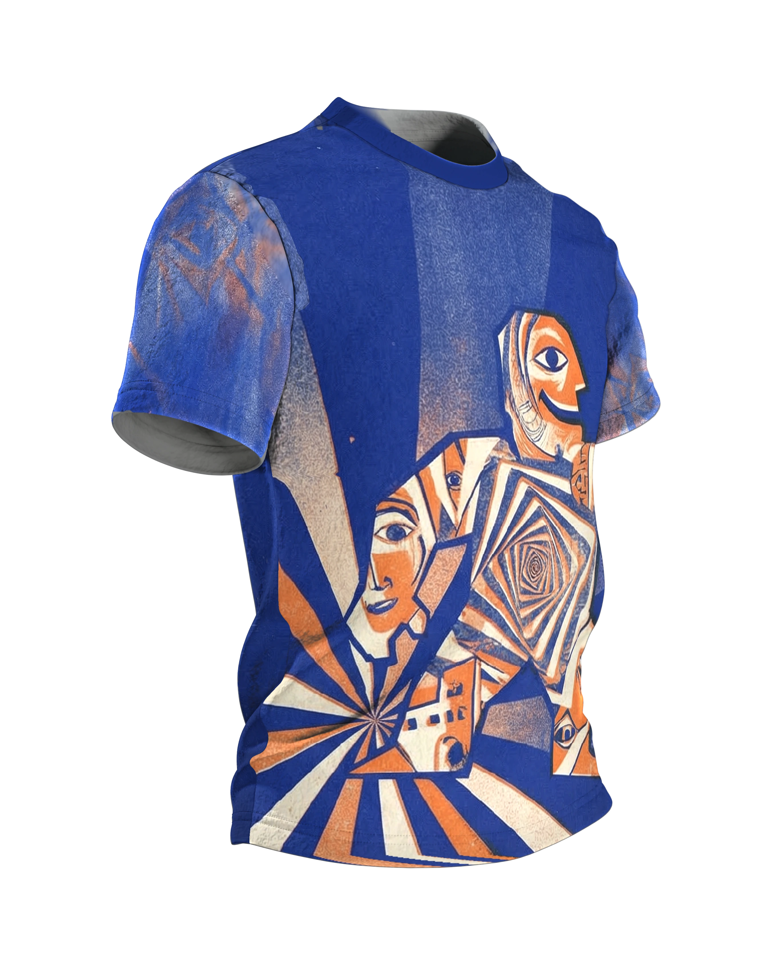 Kubismus Golem T-Shirt, schreitender Riese mit Spiralbrust in Königsblau, Orange und Creme, Seitenansicht links