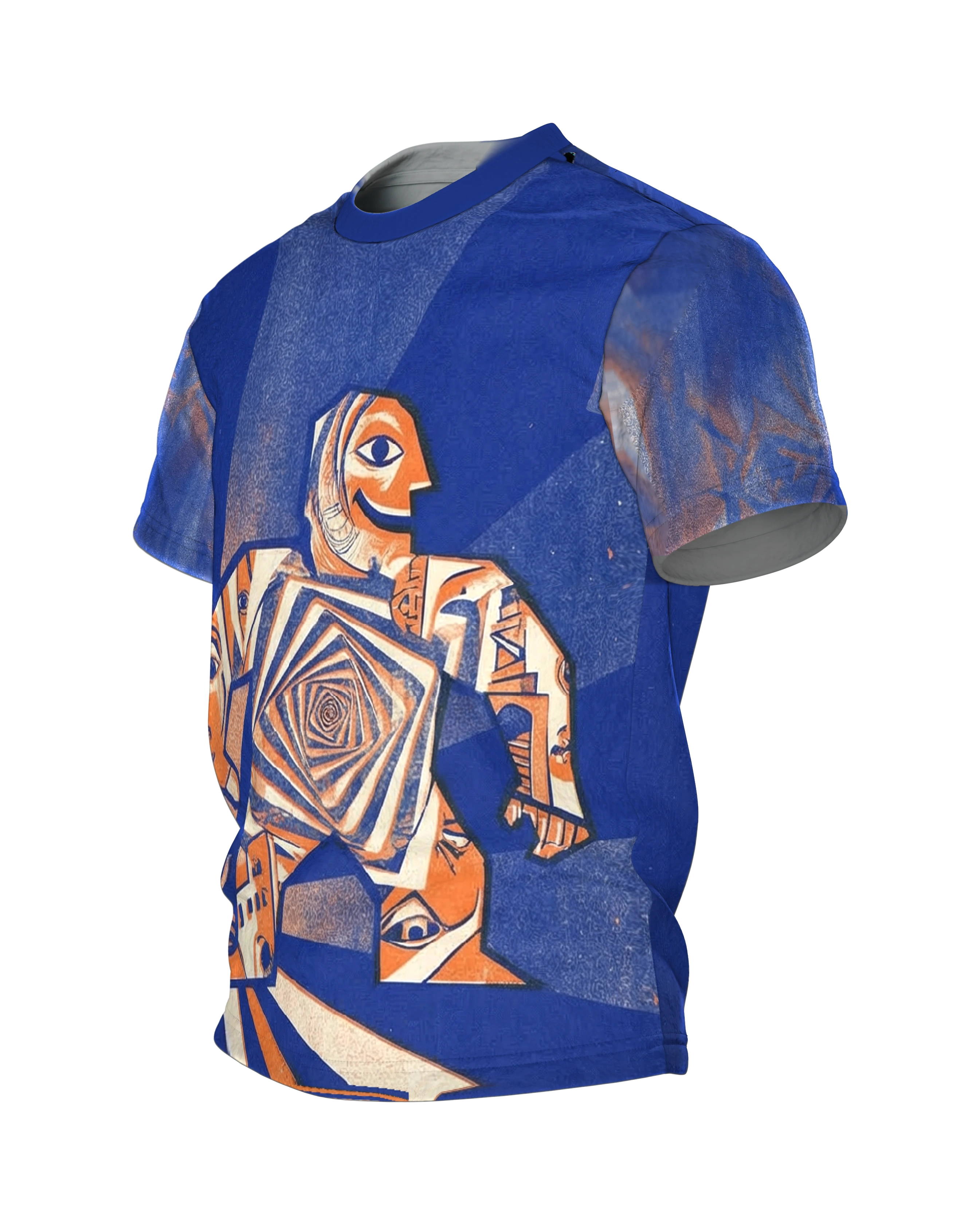 Kubismus Golem T-Shirt, schreitender Riese mit Spiralbrust in Königsblau, Orange und Creme, Seitenansicht rechts