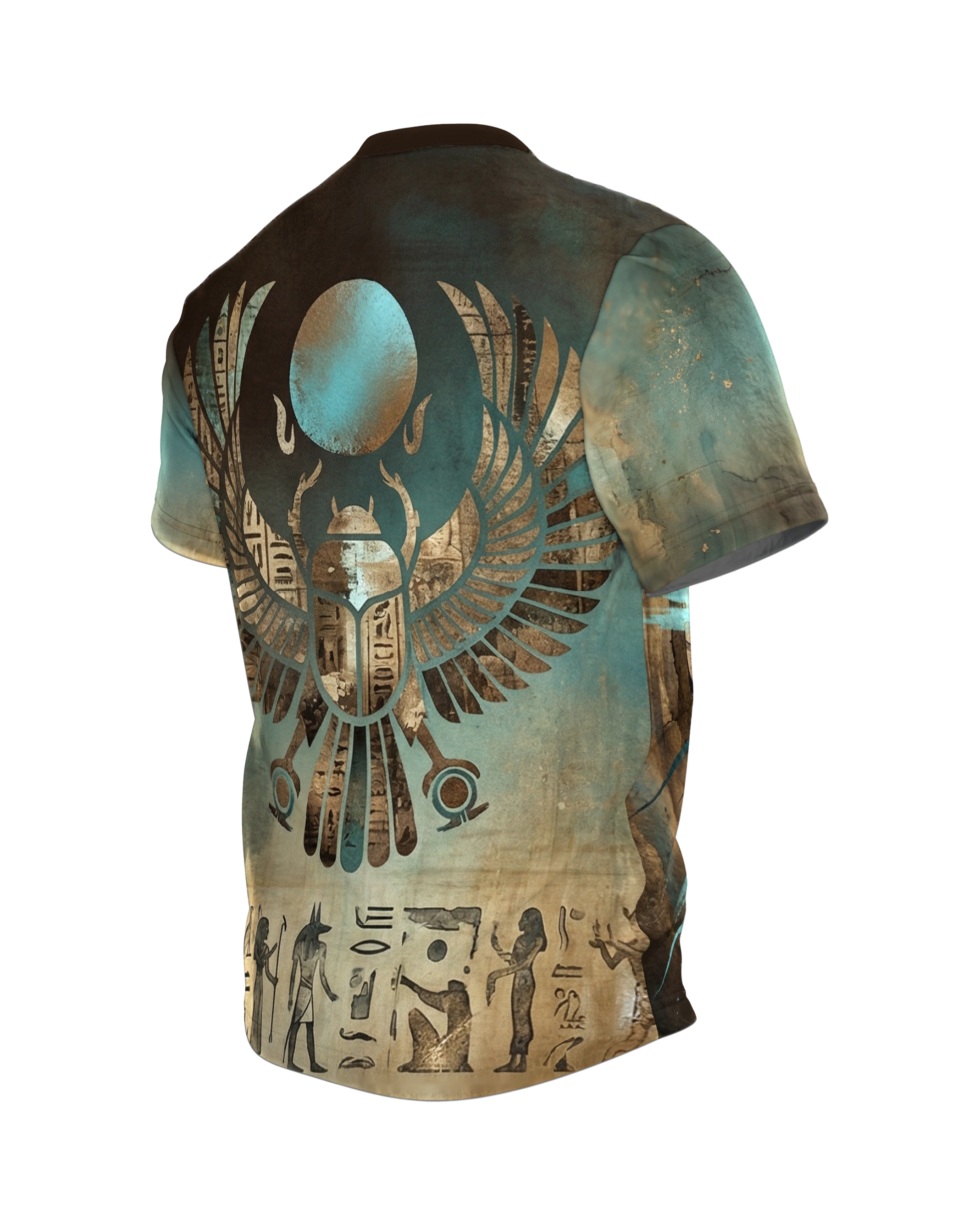 Skarabäus Ankh T-Shirt, geflügelter Käfer mit Lebenszeichen, Sonnen-Skarabäus am Rücken, Rückseite schräg links