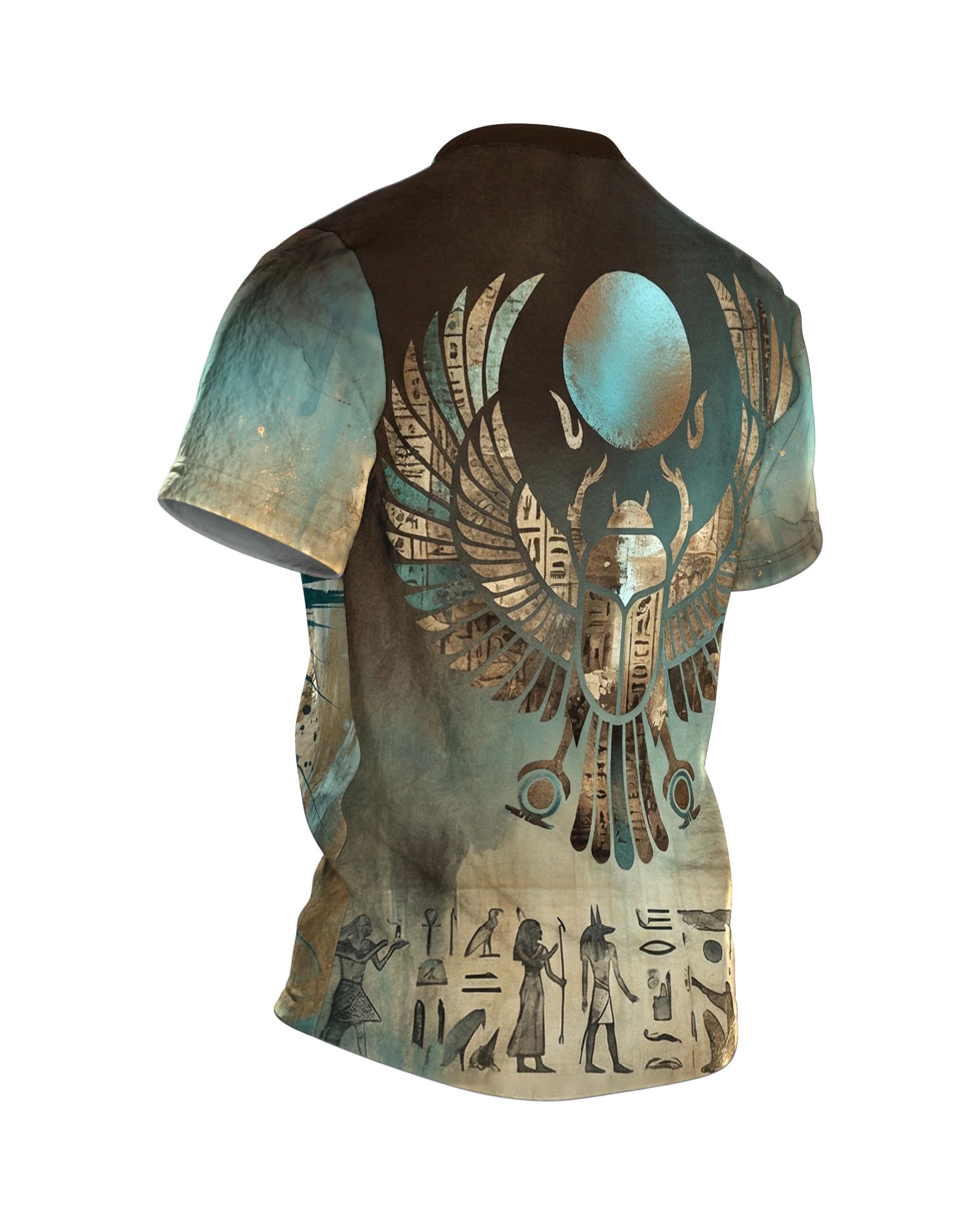 Skarabäus Ankh T-Shirt, geflügelter Käfer mit Lebenszeichen, Sonnen-Skarabäus am Rücken, Rückseite schräg rechts