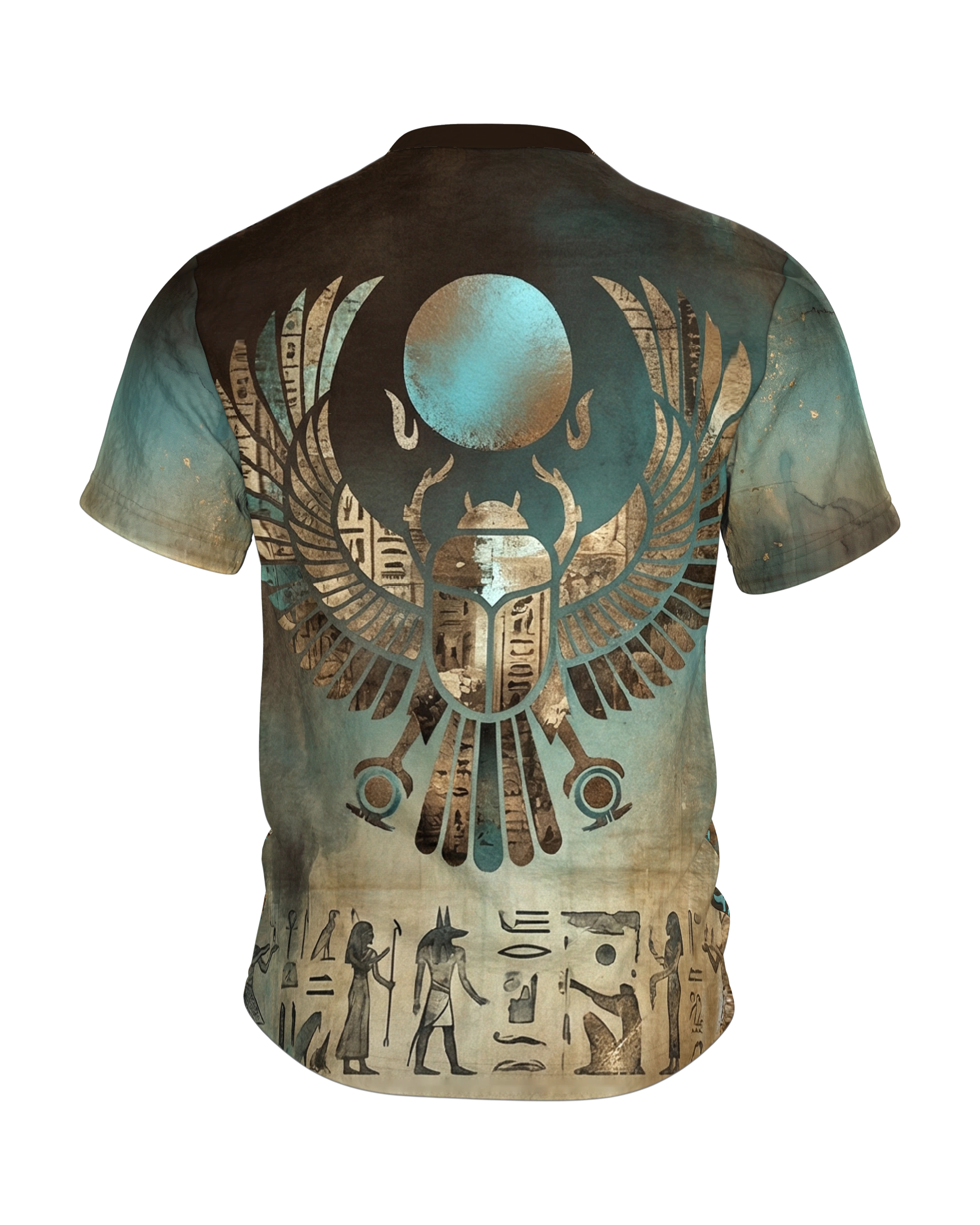 Skarabäus Ankh T-Shirt, geflügelter Käfer mit Lebenszeichen, Sonnen-Skarabäus am Rücken, Rückseite
