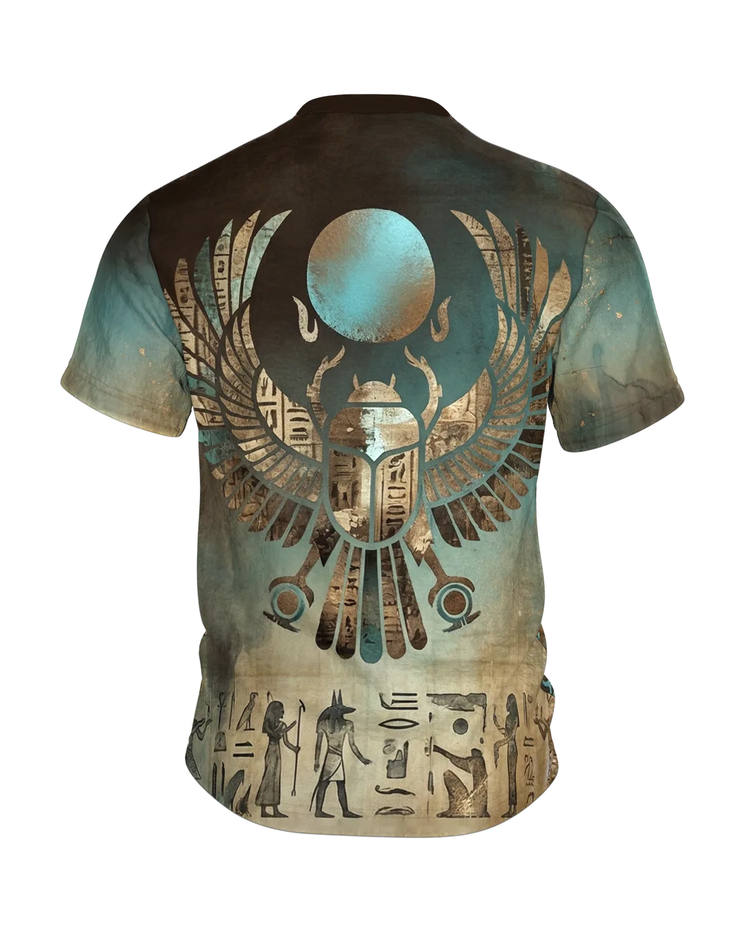Skarabäus Ankh T-Shirt, geflügelter Käfer mit Lebenszeichen, Sonnen-Skarabäus am Rücken, Rückseite