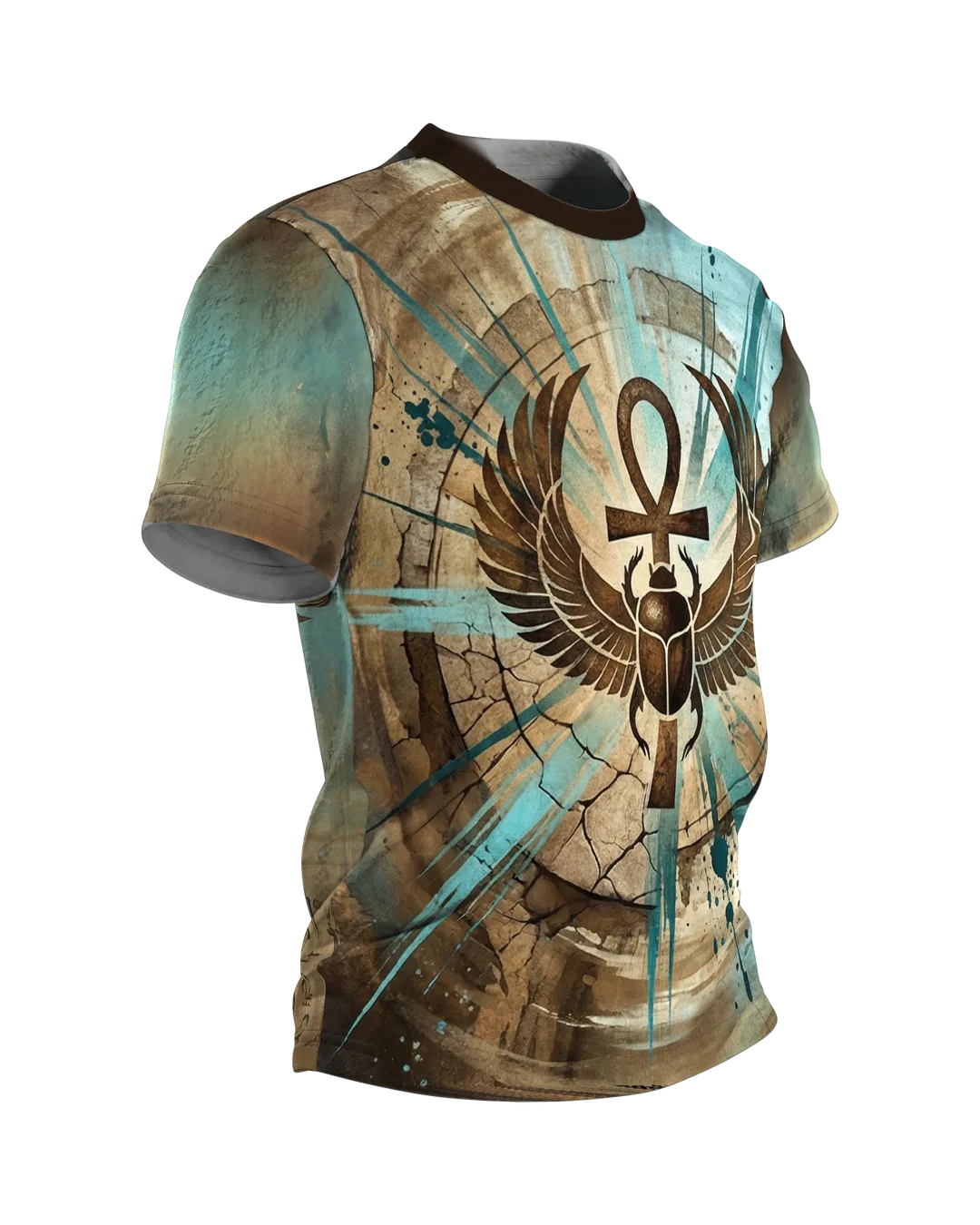 Skarabäus Ankh T-Shirt, geflügelter Käfer mit Lebenszeichen, Sonnen-Skarabäus am Rücken, Seitenansicht links