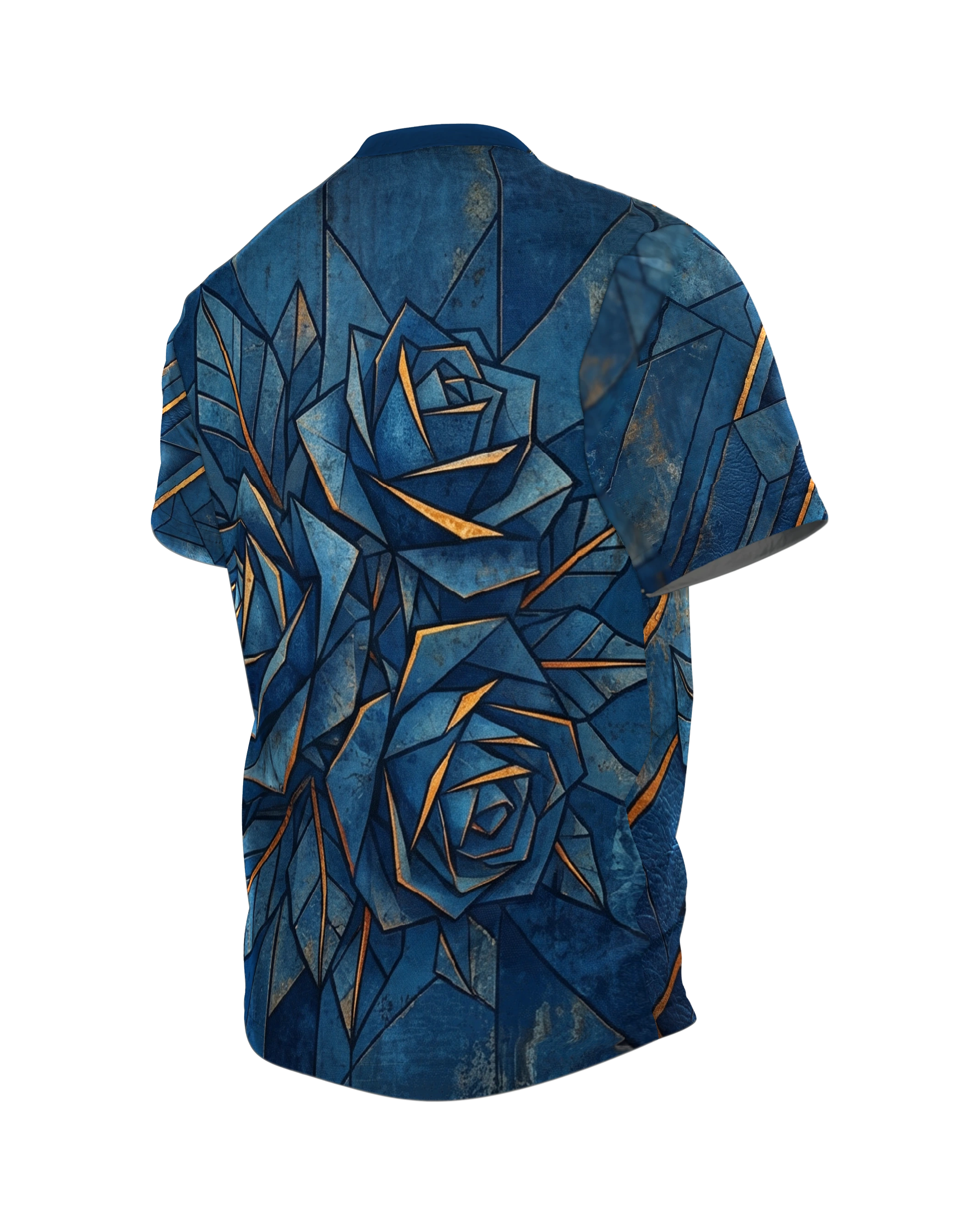 Geometrische Blaue Rose T-Shirt: Goldene Akzente, Rückseite schräg links