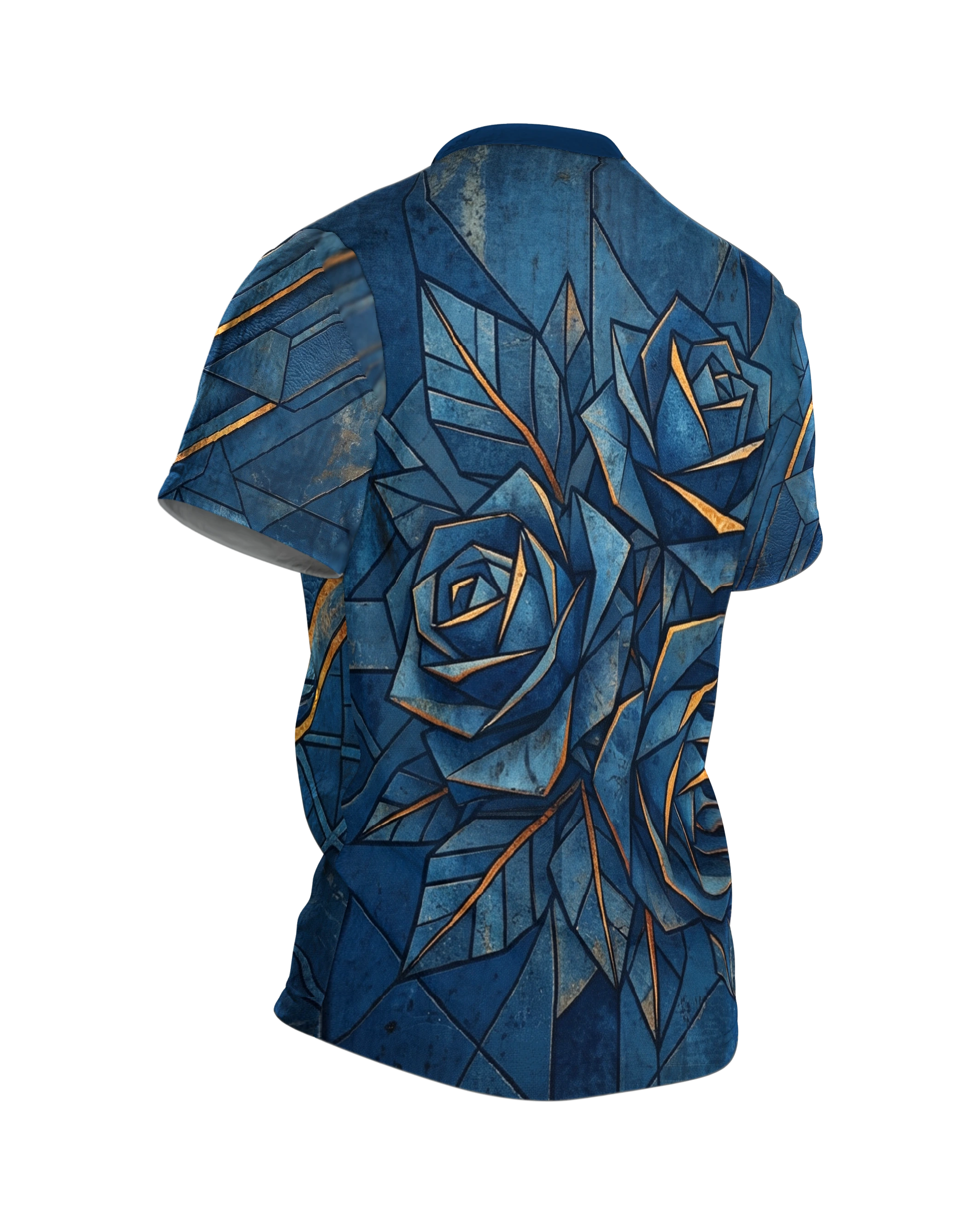 Geometrische Blaue Rose T-Shirt: Goldene Akzente, Rückseite schräg rechts