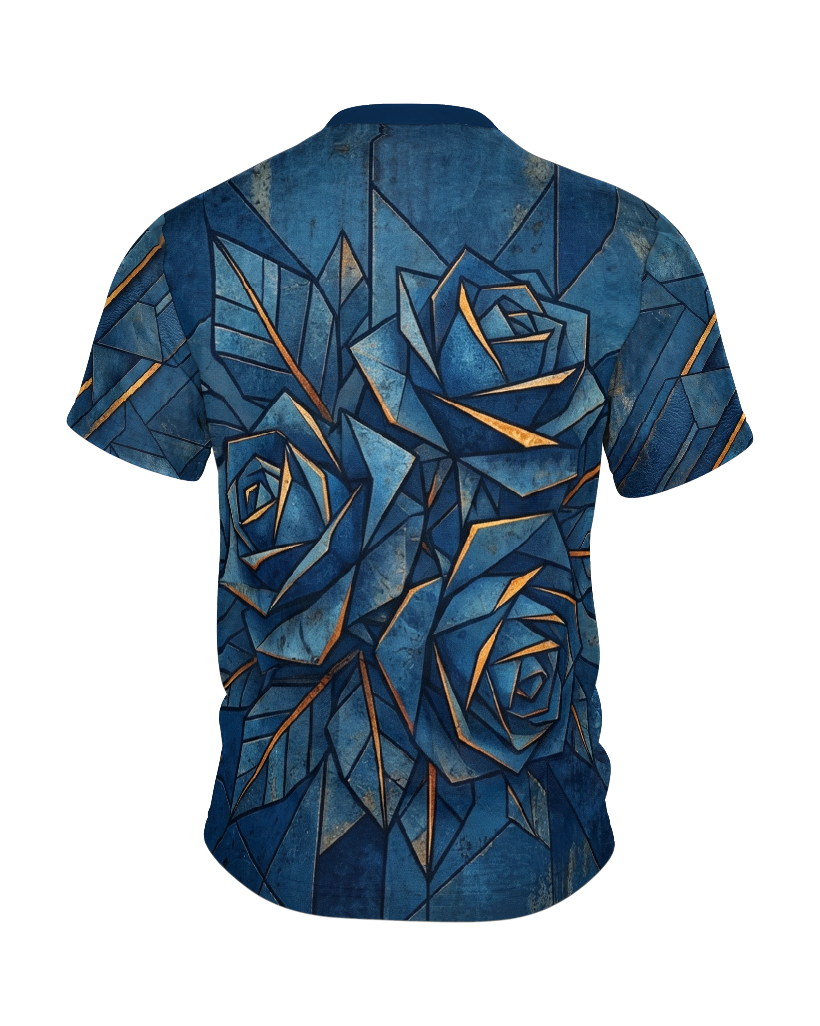 Geometrische Blaue Rose T-Shirt: Goldene Akzente, Rückseite