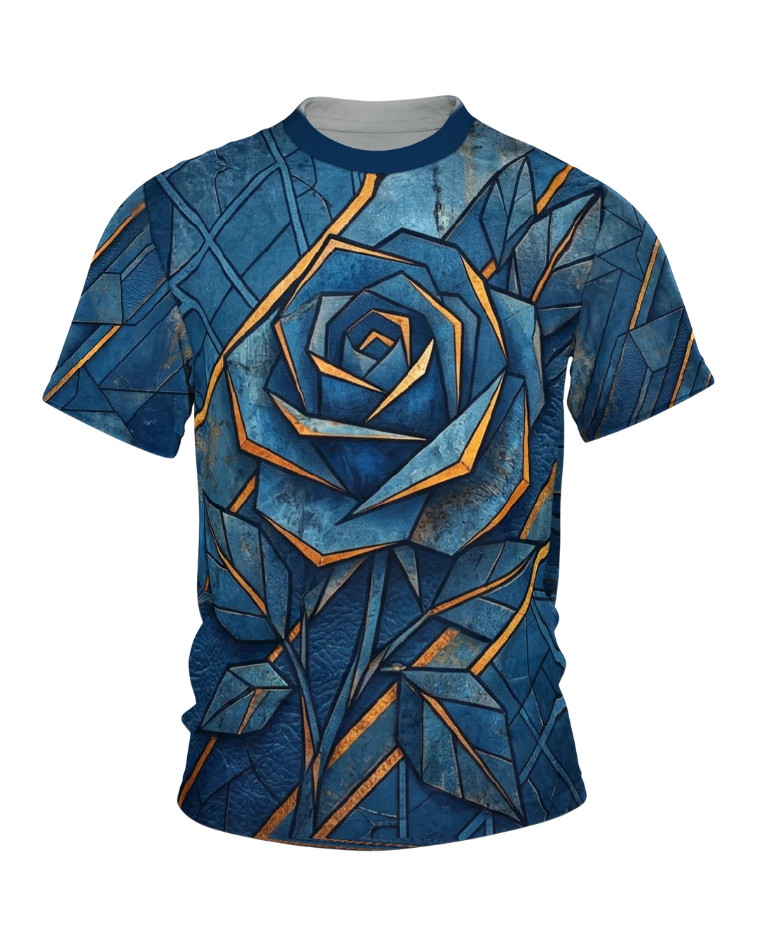 Geometrische Blaue Rose T-Shirt: Goldene Akzente