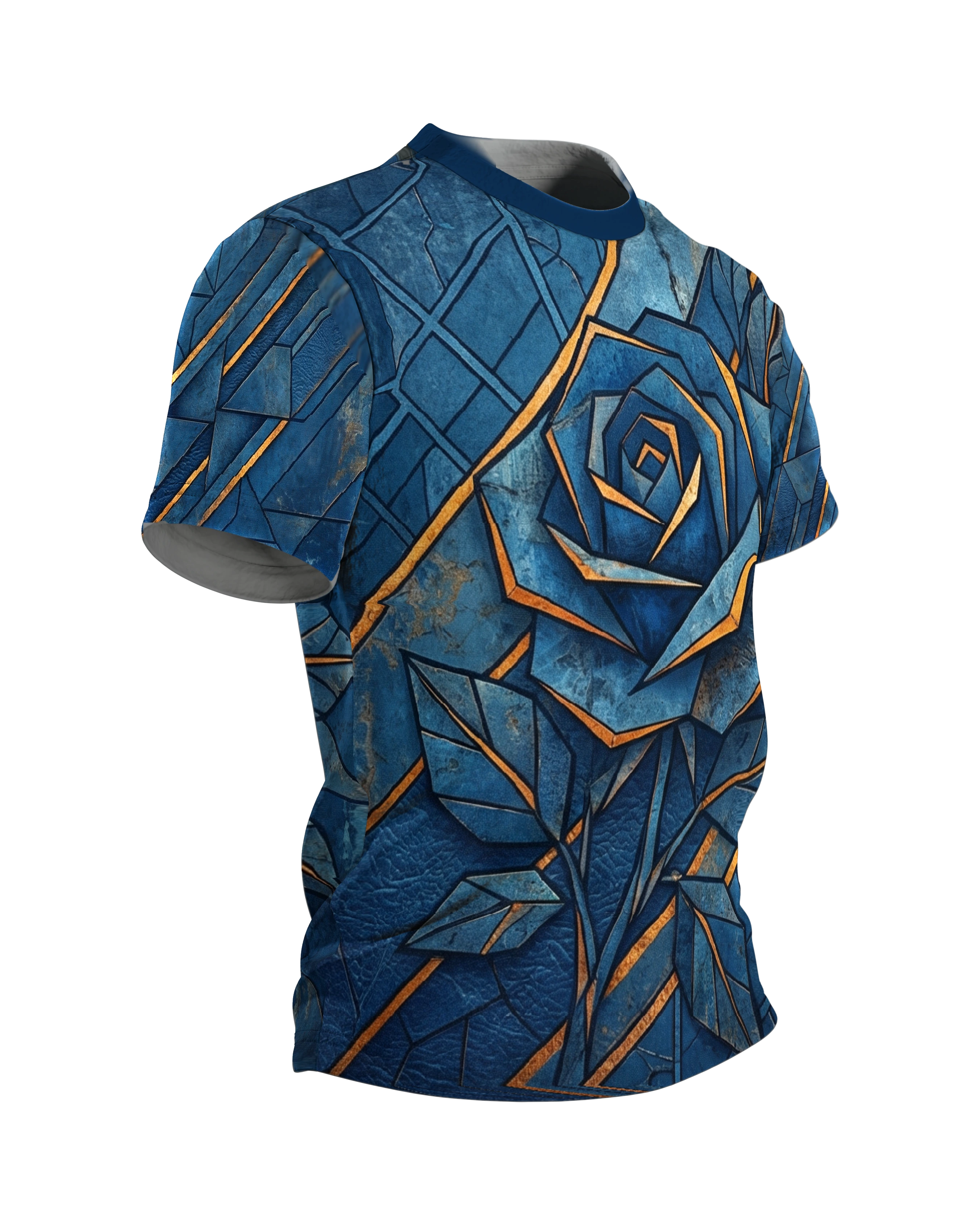 Geometrische Blaue Rose T-Shirt: Goldene Akzente, Seitenansicht links