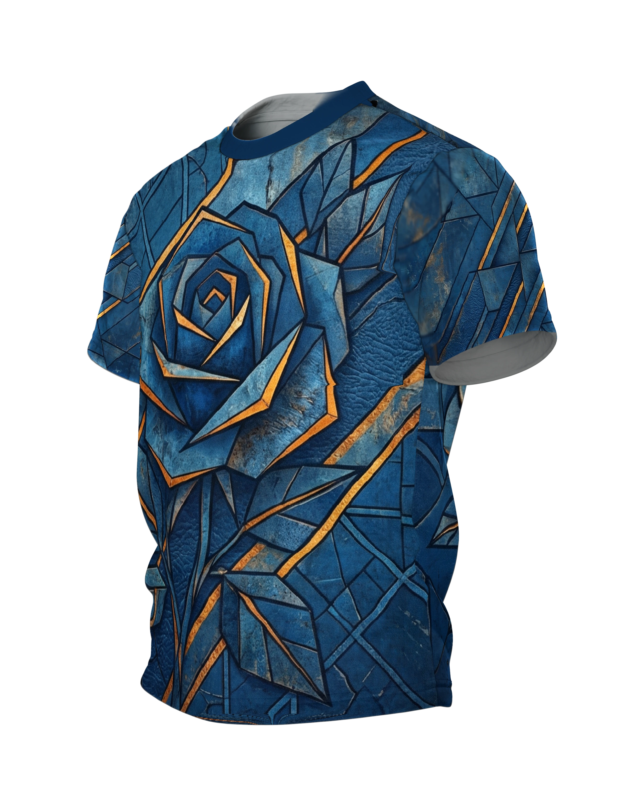 Geometrische Blaue Rose T-Shirt: Goldene Akzente, Seitenansicht rechts