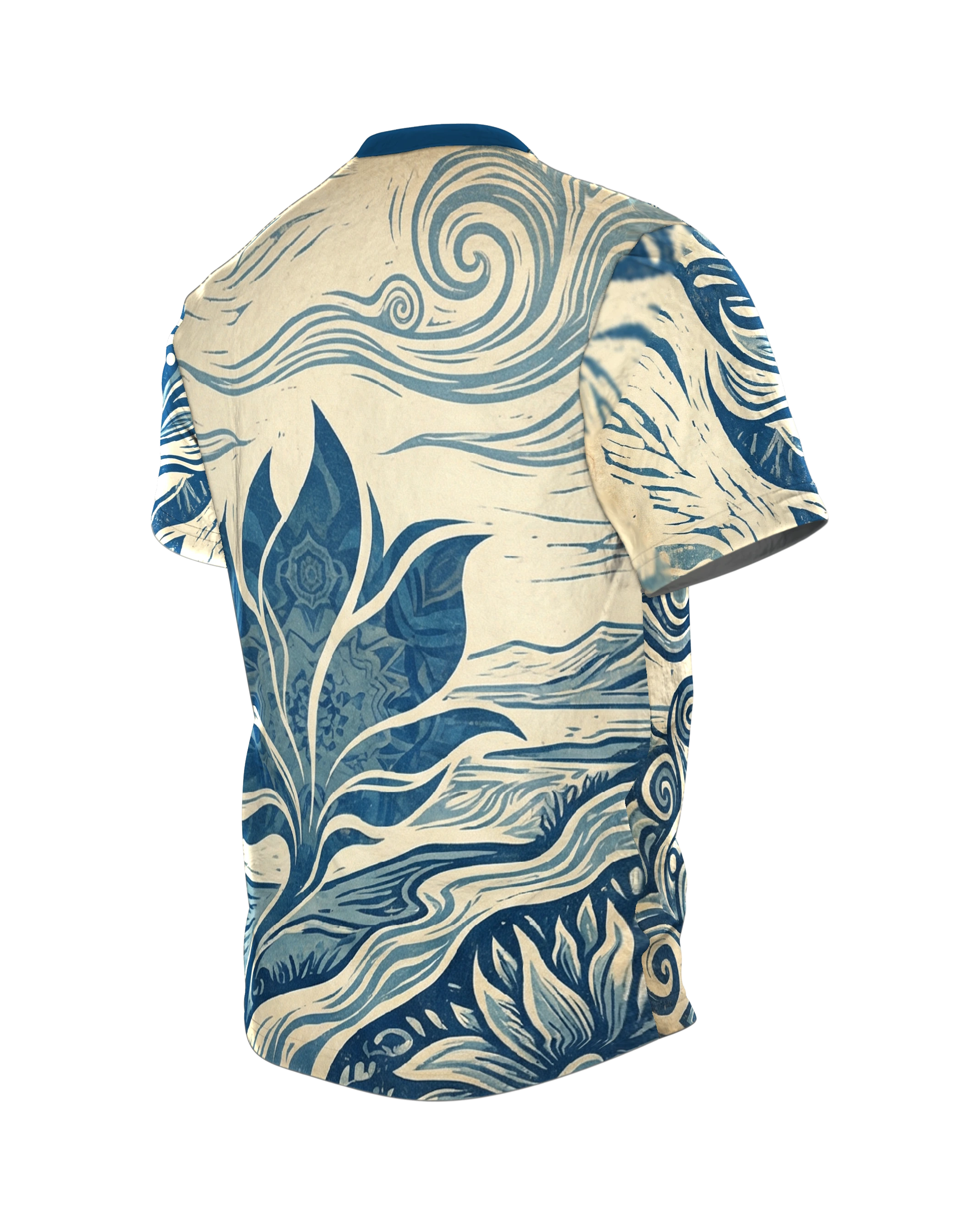 Surreale Botanik T-Shirt: Rose & Zahnräder, Rückseite schräg links