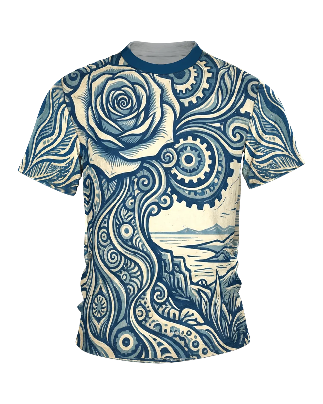 Surreale Botanik T-Shirt: Rose & Zahnräder