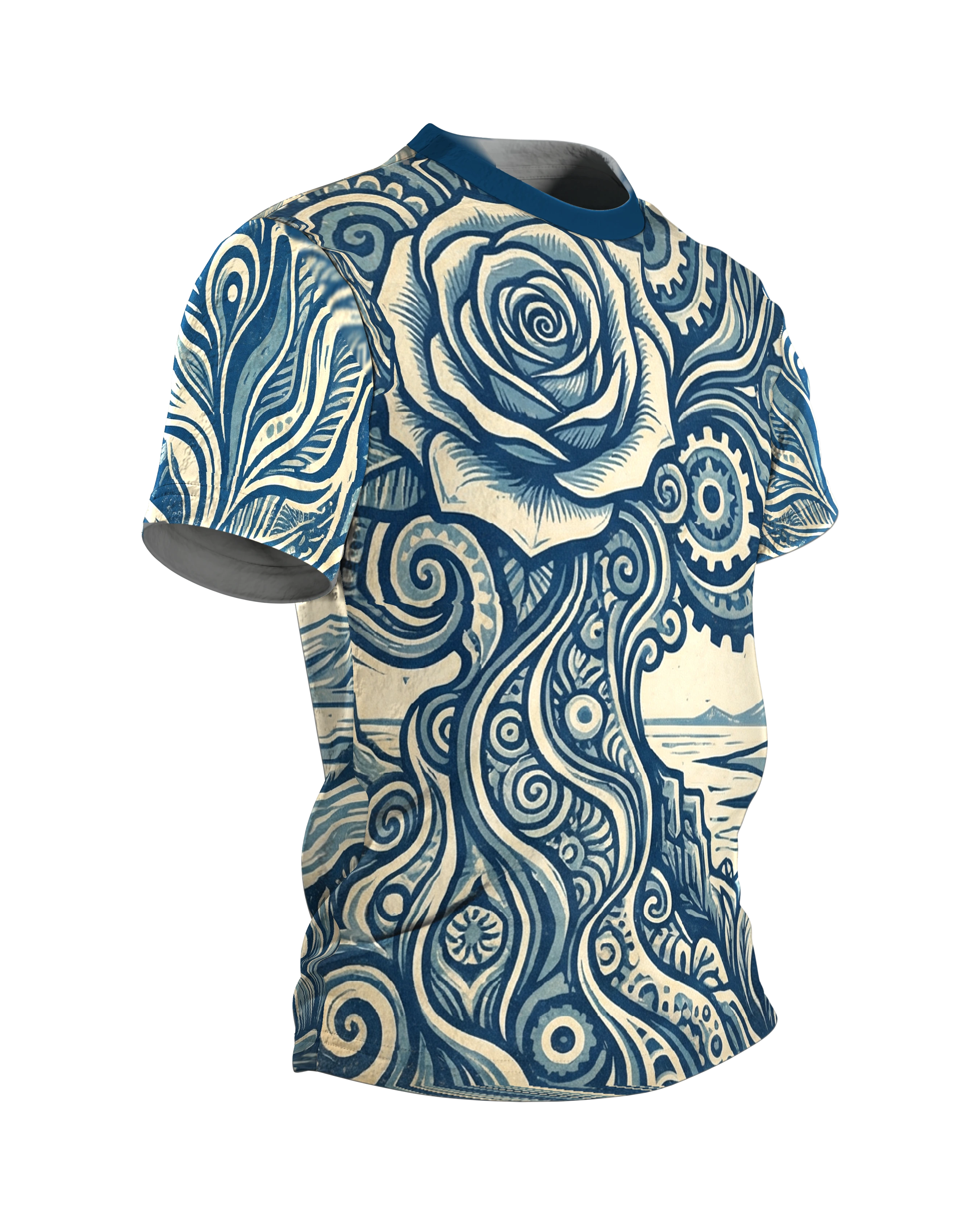Surreale Botanik T-Shirt: Rose & Zahnräder, Seitenansicht links