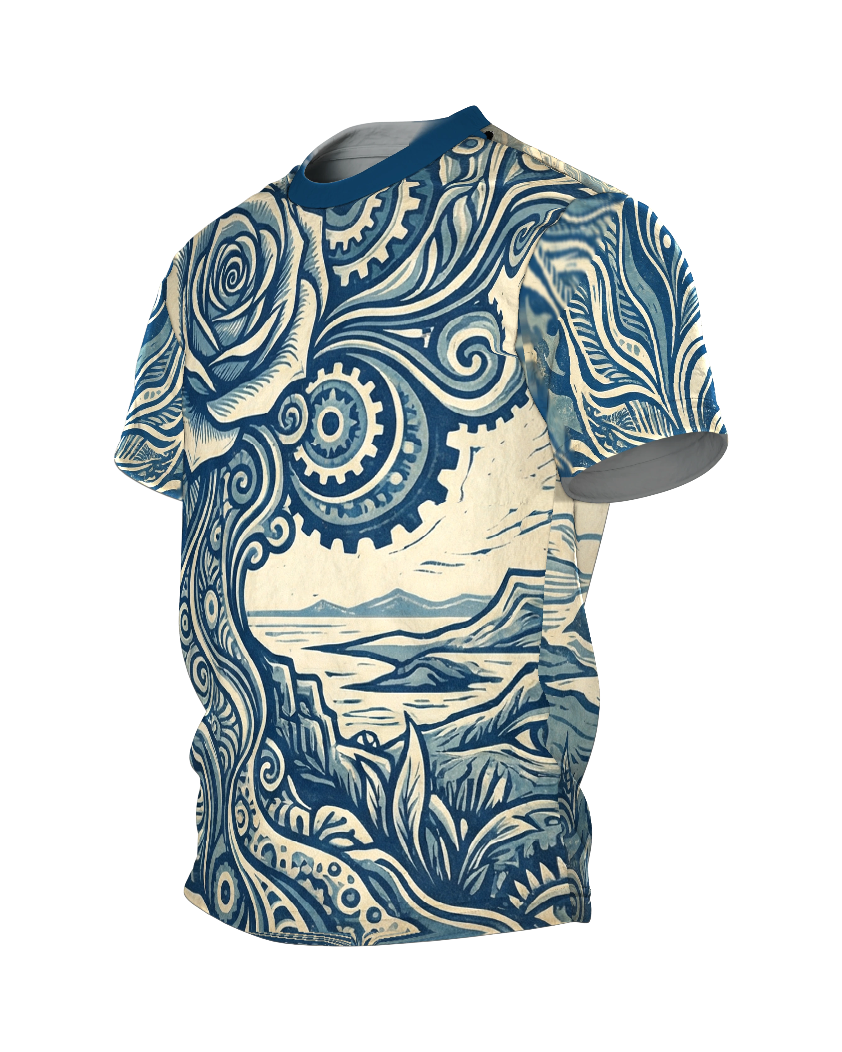 Surreale Botanik T-Shirt: Rose & Zahnräder, Seitenansicht rechts