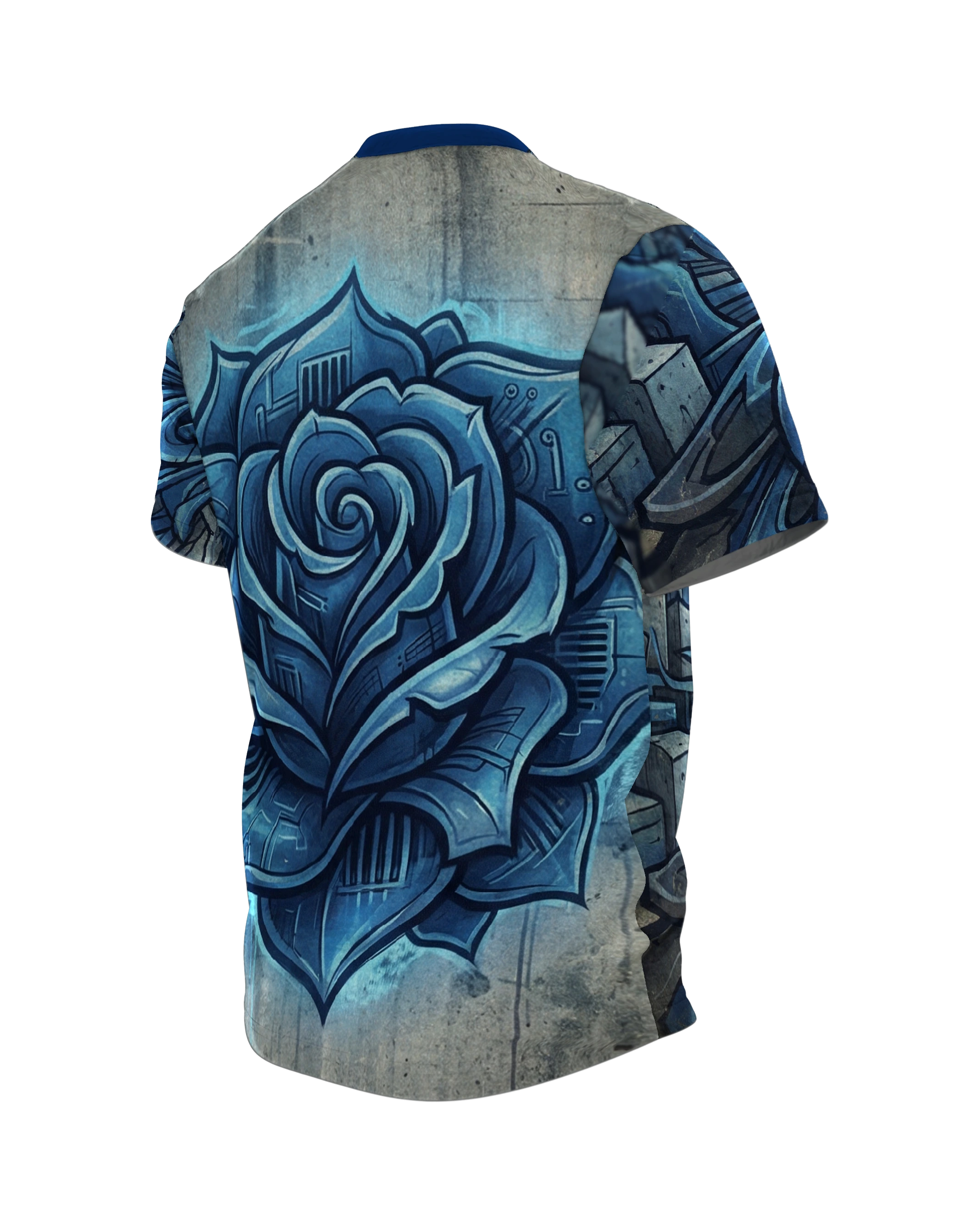 Cyberpunk Rose T-Shirt: Blaue Mechanik, Rückseite schräg links