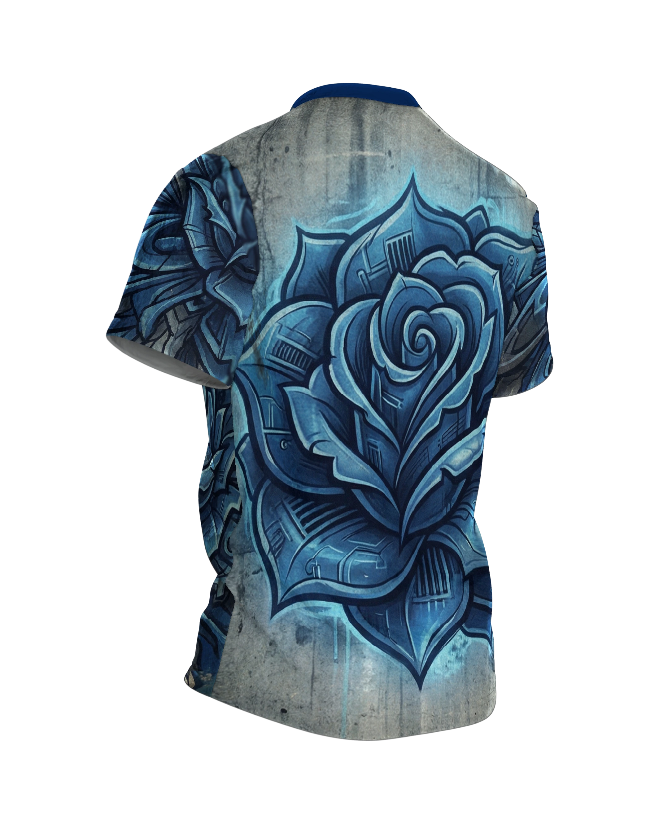Cyberpunk Rose T-Shirt: Blaue Mechanik, Rückseite schräg rechts