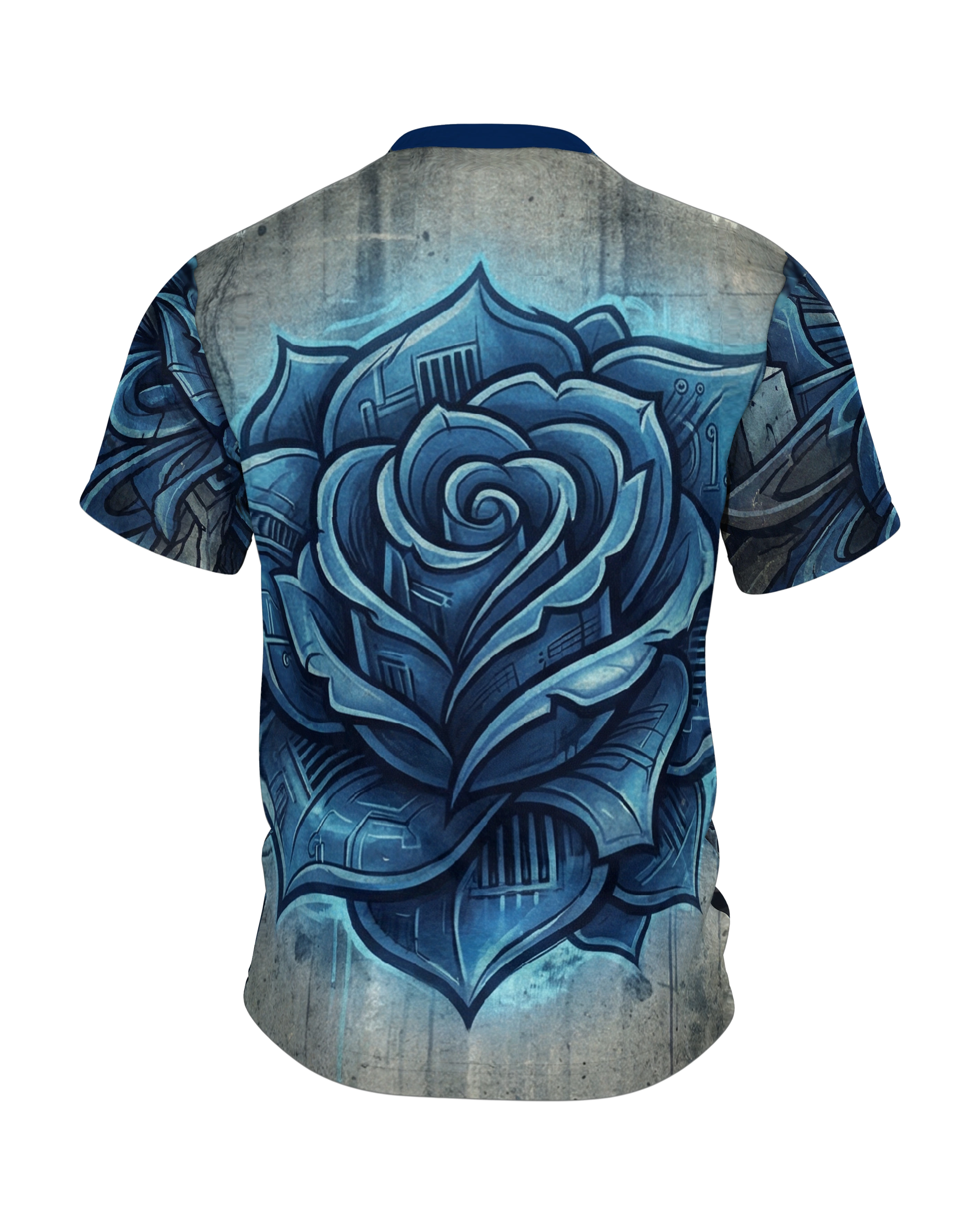 Cyberpunk Rose T-Shirt: Blaue Mechanik, Rückseite
