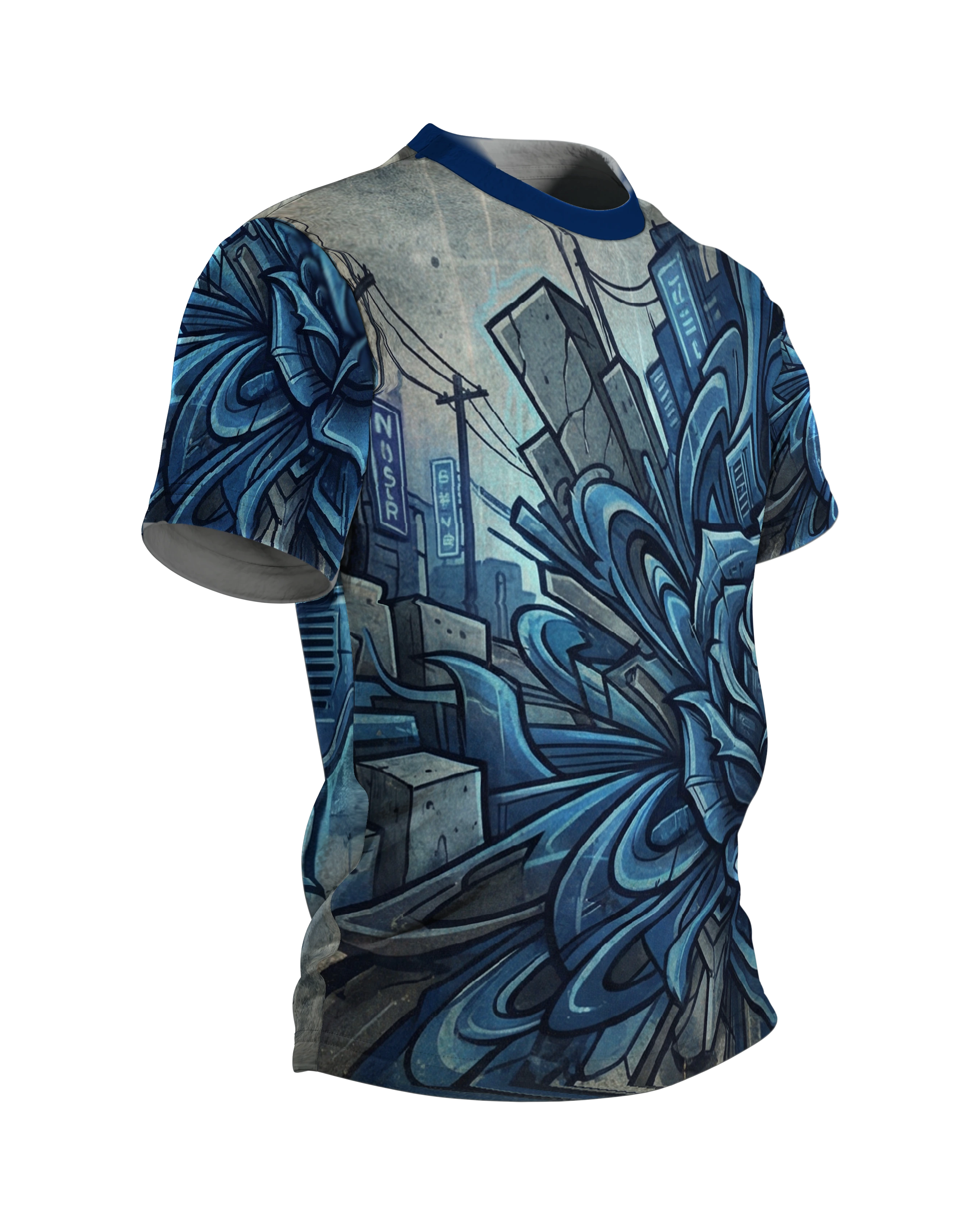 Cyberpunk Rose T-Shirt: Blaue Mechanik, Seitenansicht links