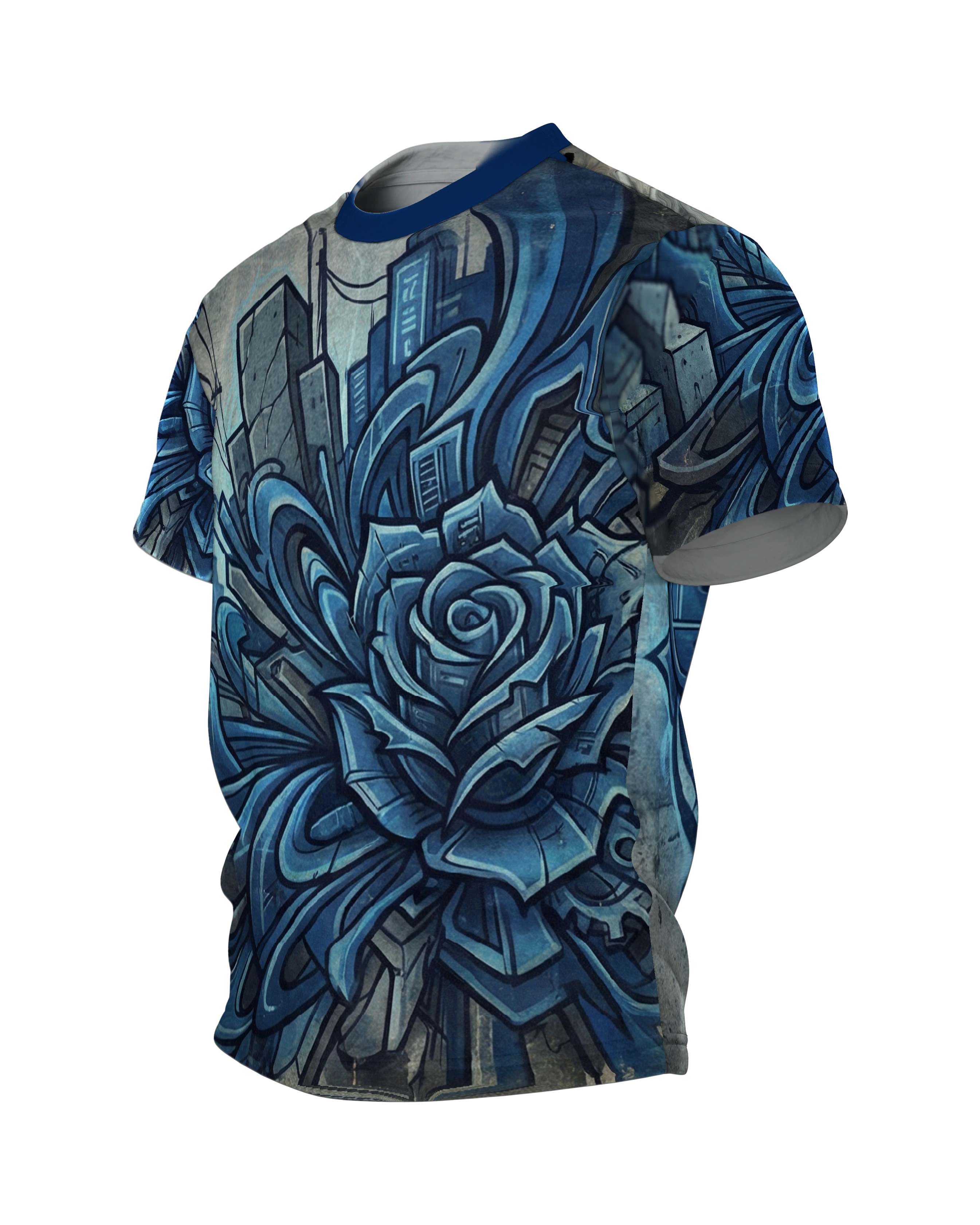Cyberpunk Rose T-Shirt: Blaue Mechanik, Seitenansicht rechts