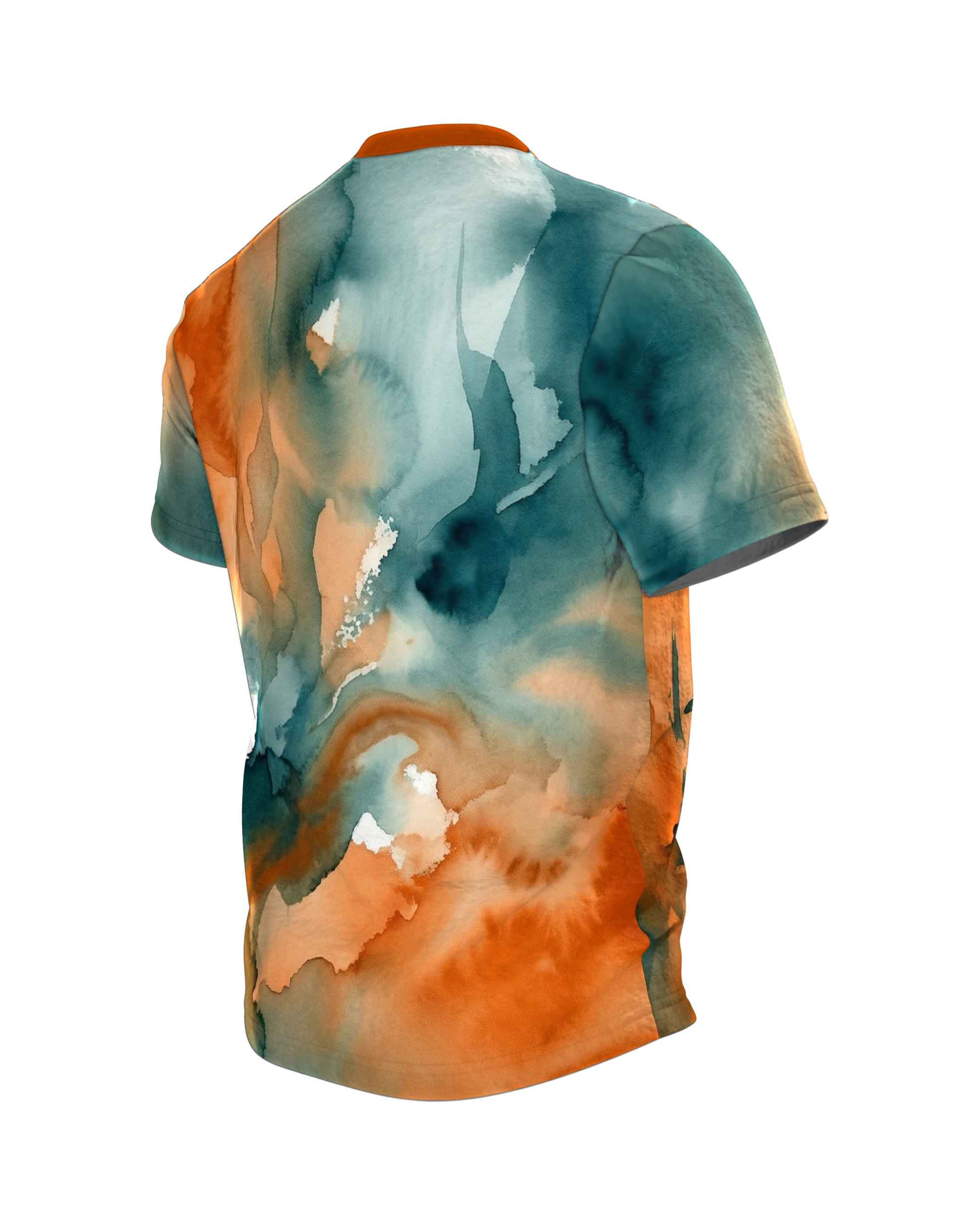 Wikinger Axt T-Shirt: Streitaxt im Aquarell aus Petrol und Orange, Rückseite schräg links