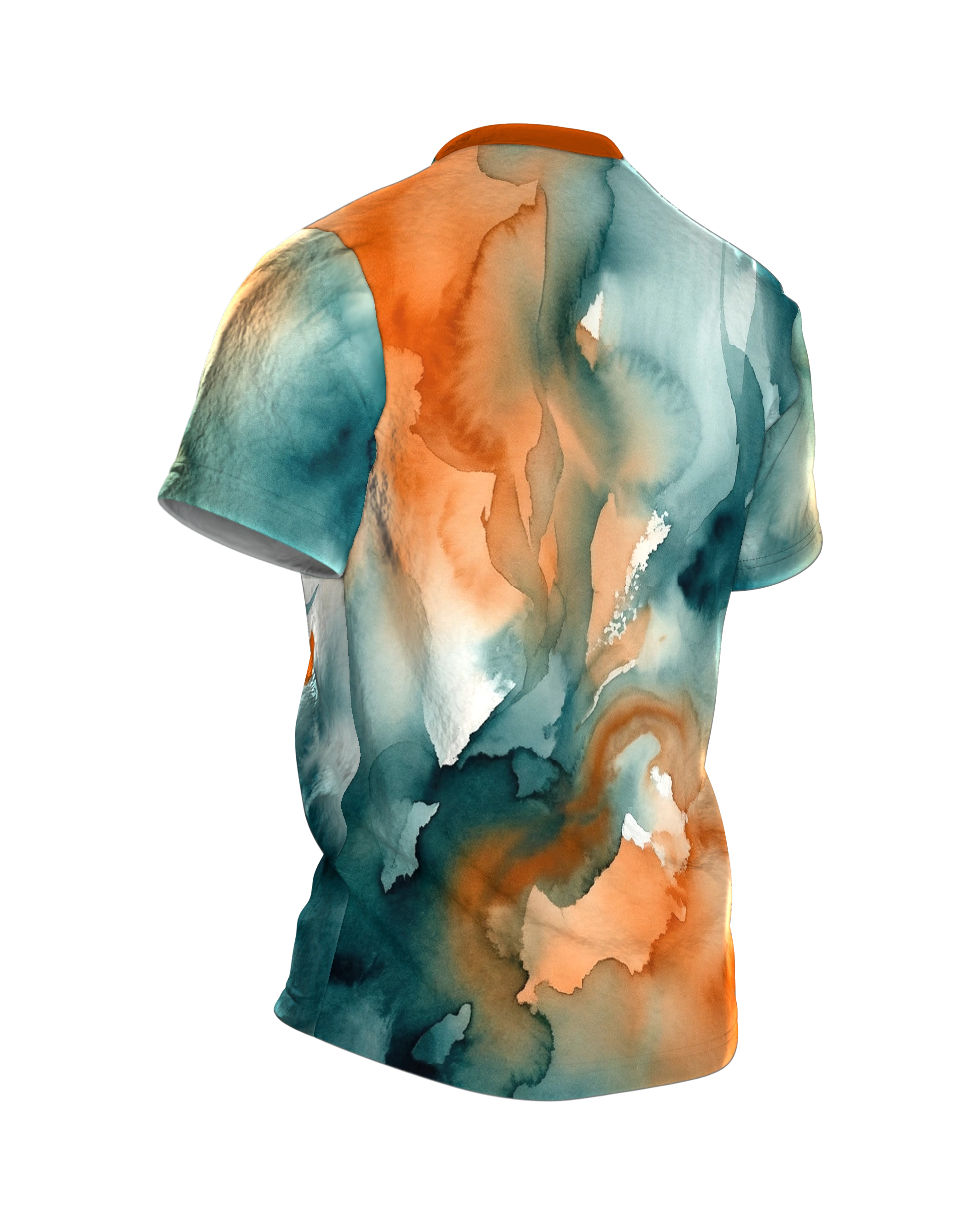 Wikinger Axt T-Shirt: Streitaxt im Aquarell aus Petrol und Orange, Rückseite schräg rechts