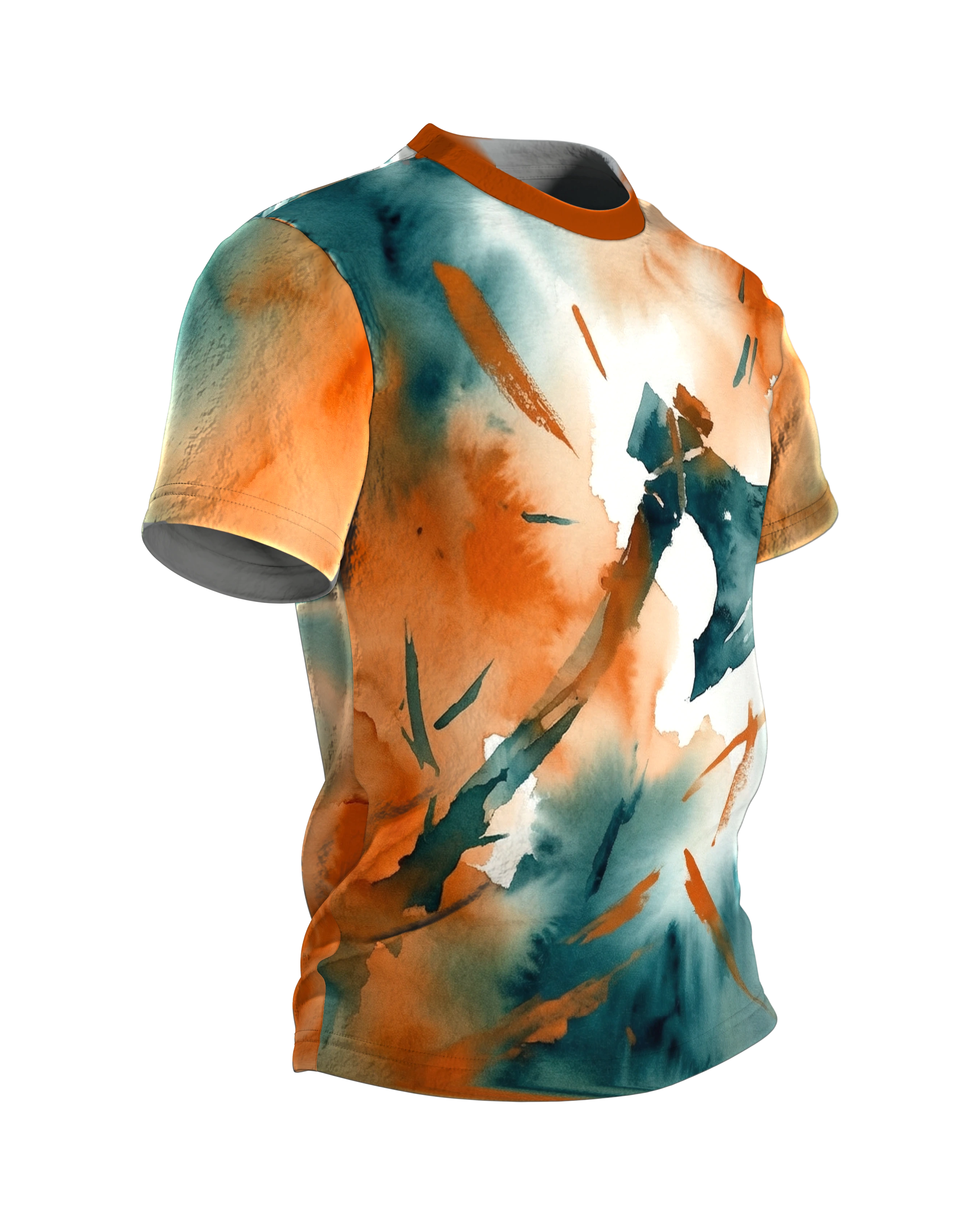 Wikinger Axt T-Shirt: Streitaxt im Aquarell aus Petrol und Orange, Seitenansicht links