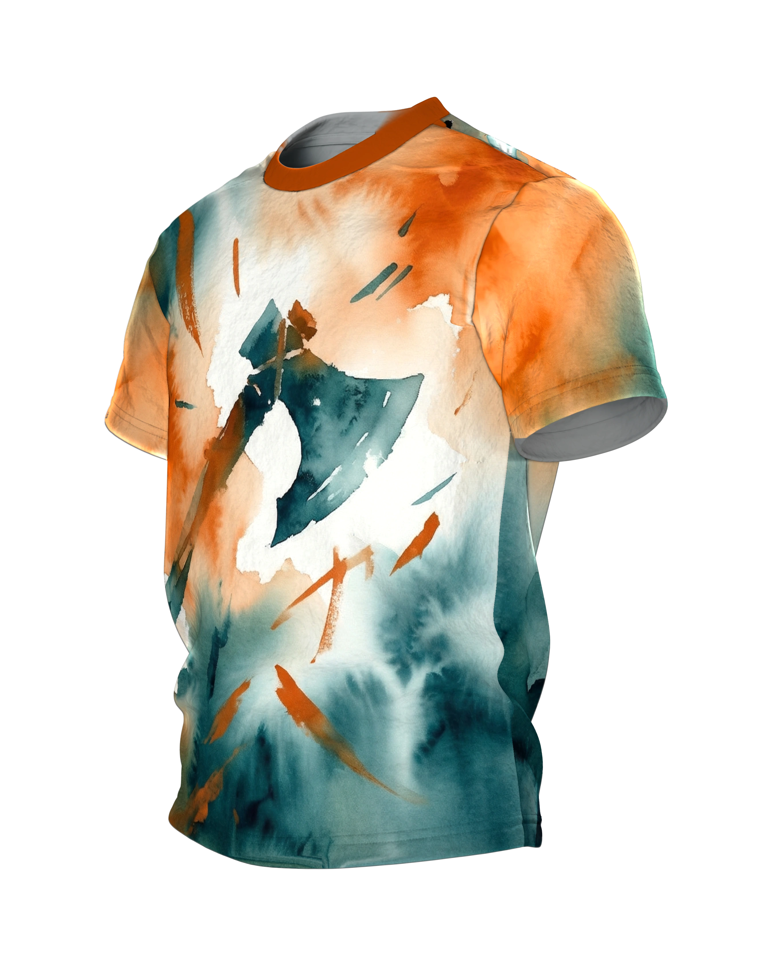 Wikinger Axt T-Shirt: Streitaxt im Aquarell aus Petrol und Orange, Seitenansicht rechts